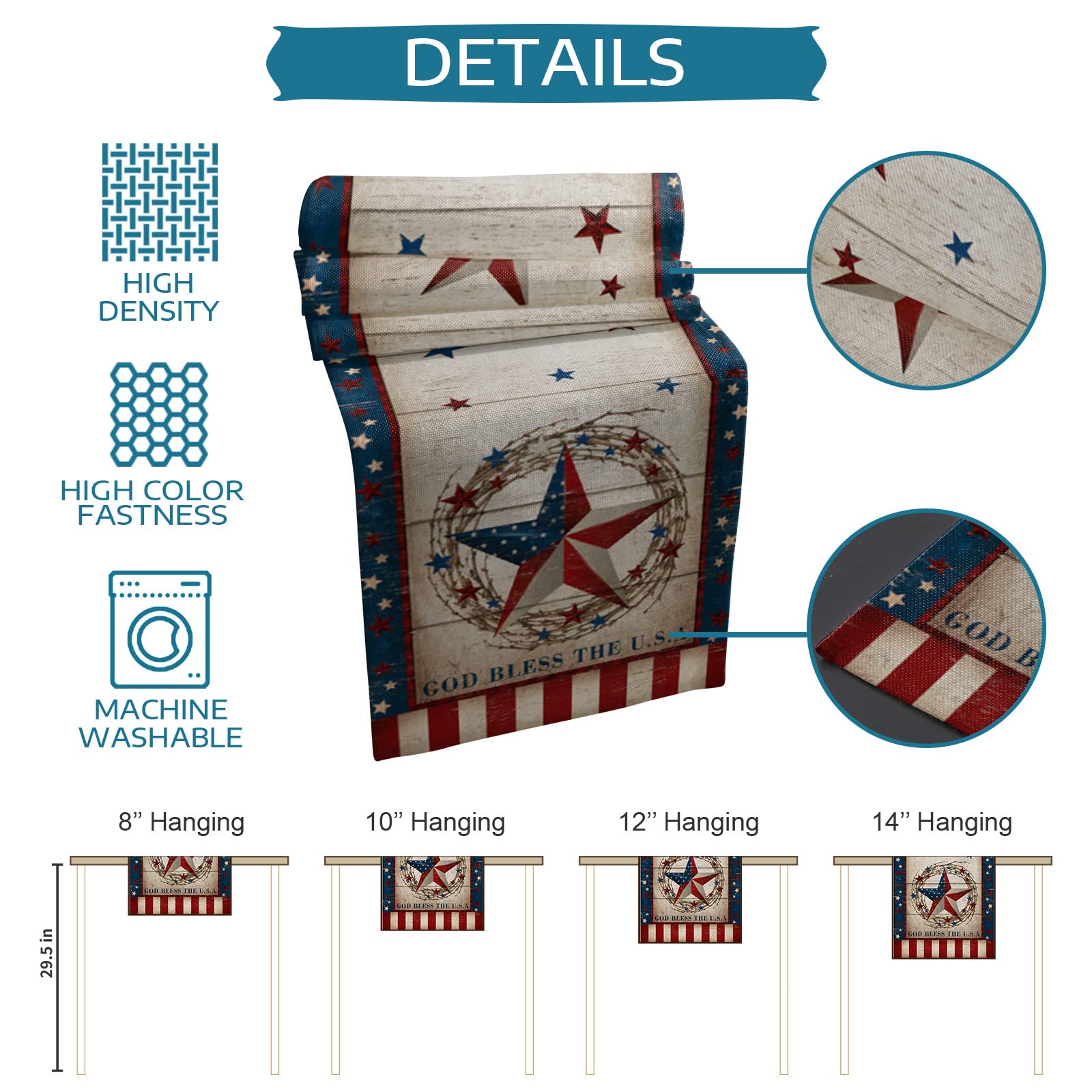4th of July Patriotic Stars Table Runner 120 Inches Long - Farmhouse Rustic Cotton Linen Tablecloth for Wedding, Party & Home Decor - Perfect for Dining Tables, Coffee Tables & Dressers - USA Independence Day Celebration Decor