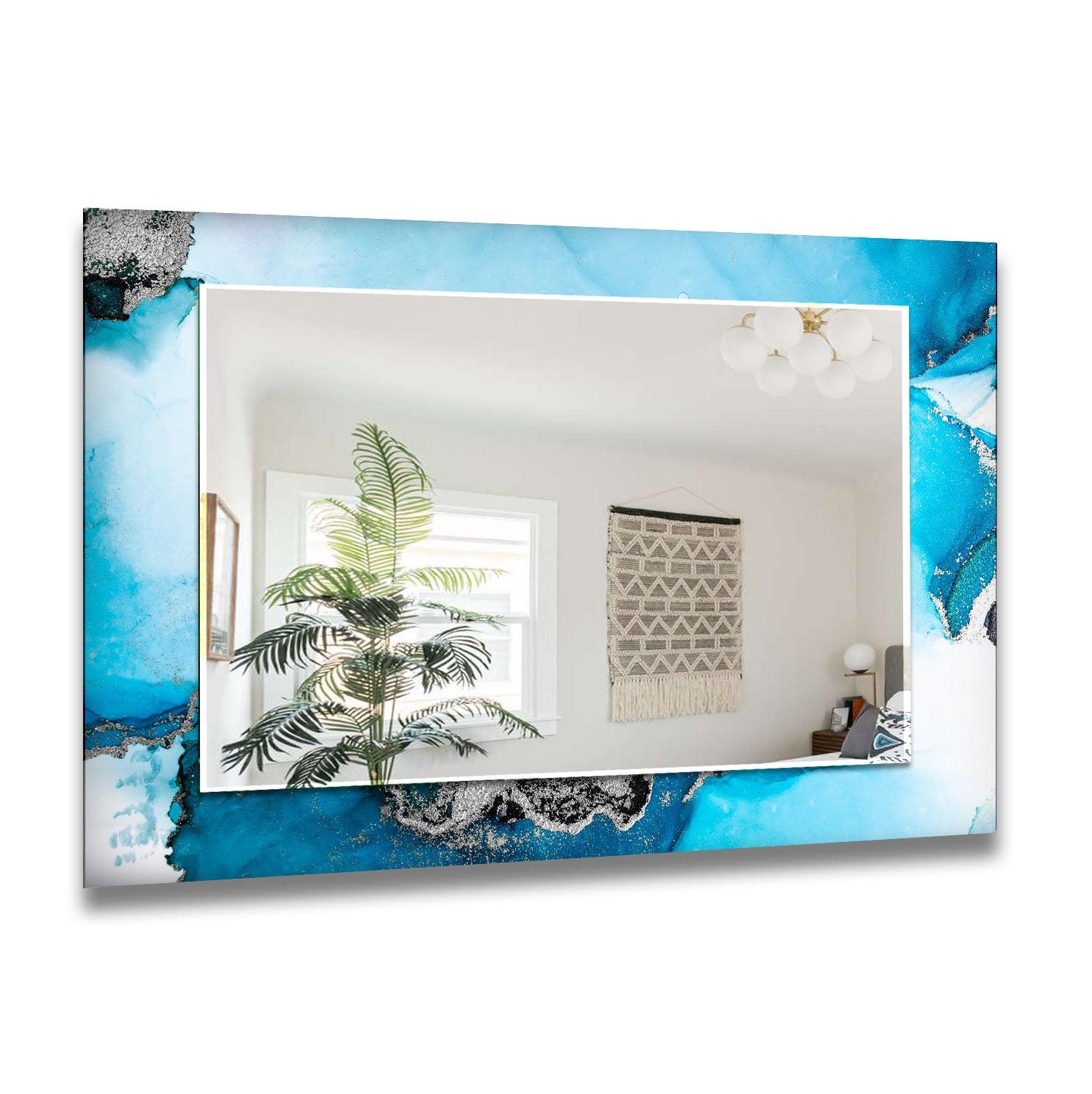 Blue and Silver Abstract Wall Mirror - Modern Decorative Mirror for Living Room, Bedroom & Entryway - Perfect for Home Decor & Interior Design