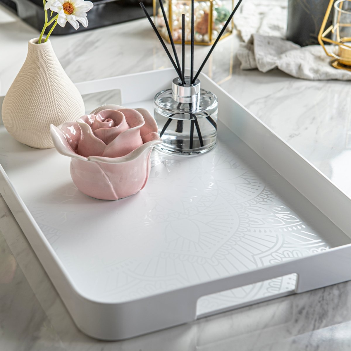 La La Mandala Melamine 11.5 x 16 Inch White Gallery Serving Tray | Decorative Tray for Home Decor, Dining Table Centerpiece, and Wall Display