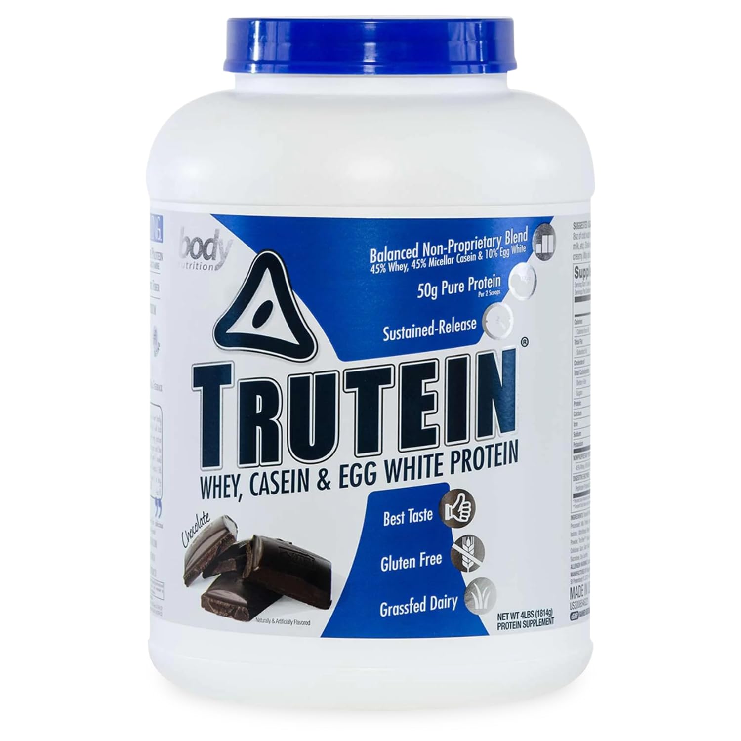 Trutein High Protein Powder - 45% Whey, 45% Casein, 10% Egg White | Gluten-Free, Low Sodium, Grass-Fed Whey Protein | Gym Supplement & Post-Workout Recovery | Chocolate Flavor, 4lb | Perfect for Muscle Building, Weight Loss & Healthy Breakfast Smoothies