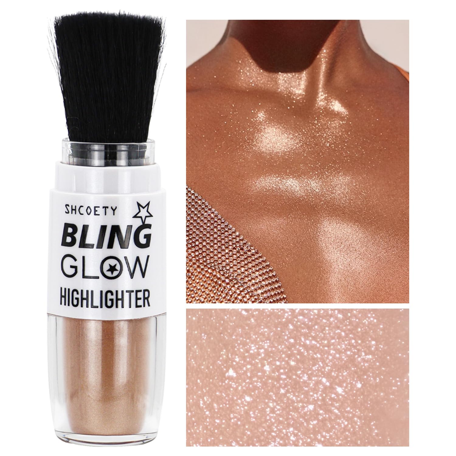 Glitter Powder Highlighter Makeup - Shimmer Body Glitter Brush for Face, Lips & Body | 3D Brightening Blusher & Natural Glow Enhancer | Perfect for Parties, Festivals & Night Out (Champagne #03)