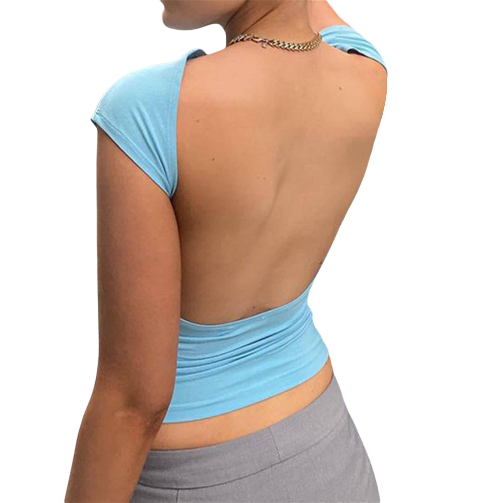 Y2K Women's Backless Crop Top - Short Sleeve Bodycon Sexy T-Shirt with Crew Neck | Grunge Streetwear for Summer Casual Wear | Perfect for Music Festivals, Beach Outings & Nightclub Looks