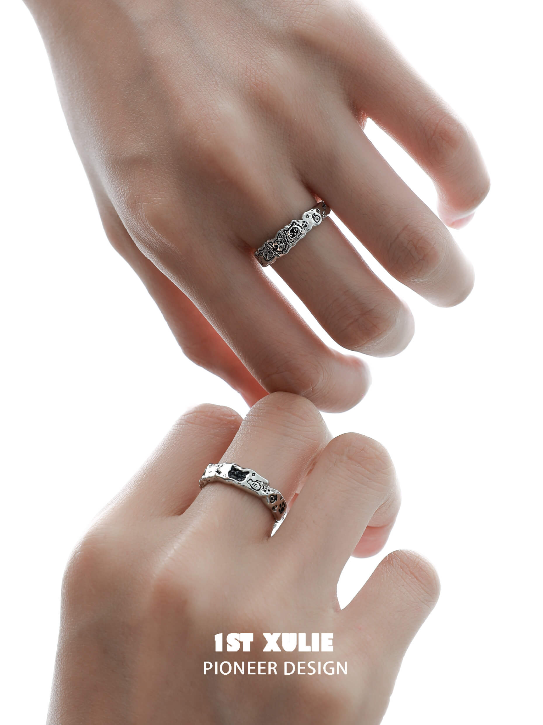Graffiti Kitten S925 Sterling Silver Cat Carved Rings for Women - Handmade Vintage Boho Jewelry, Perfect Gift for Cat Lovers & Unique Fashion Statement
