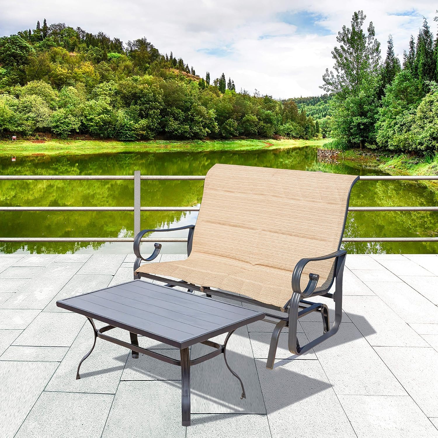 LOKATSE HOME Outdoor Glider Chair Set - 2-Person Rocking Loveseat with Side Table, Weather-Resistant Patio Furniture for Backyard, Garden, Beach & Poolside (Beige) | Perfect for Relaxing, Sunbathing and Outdoor Entertaining