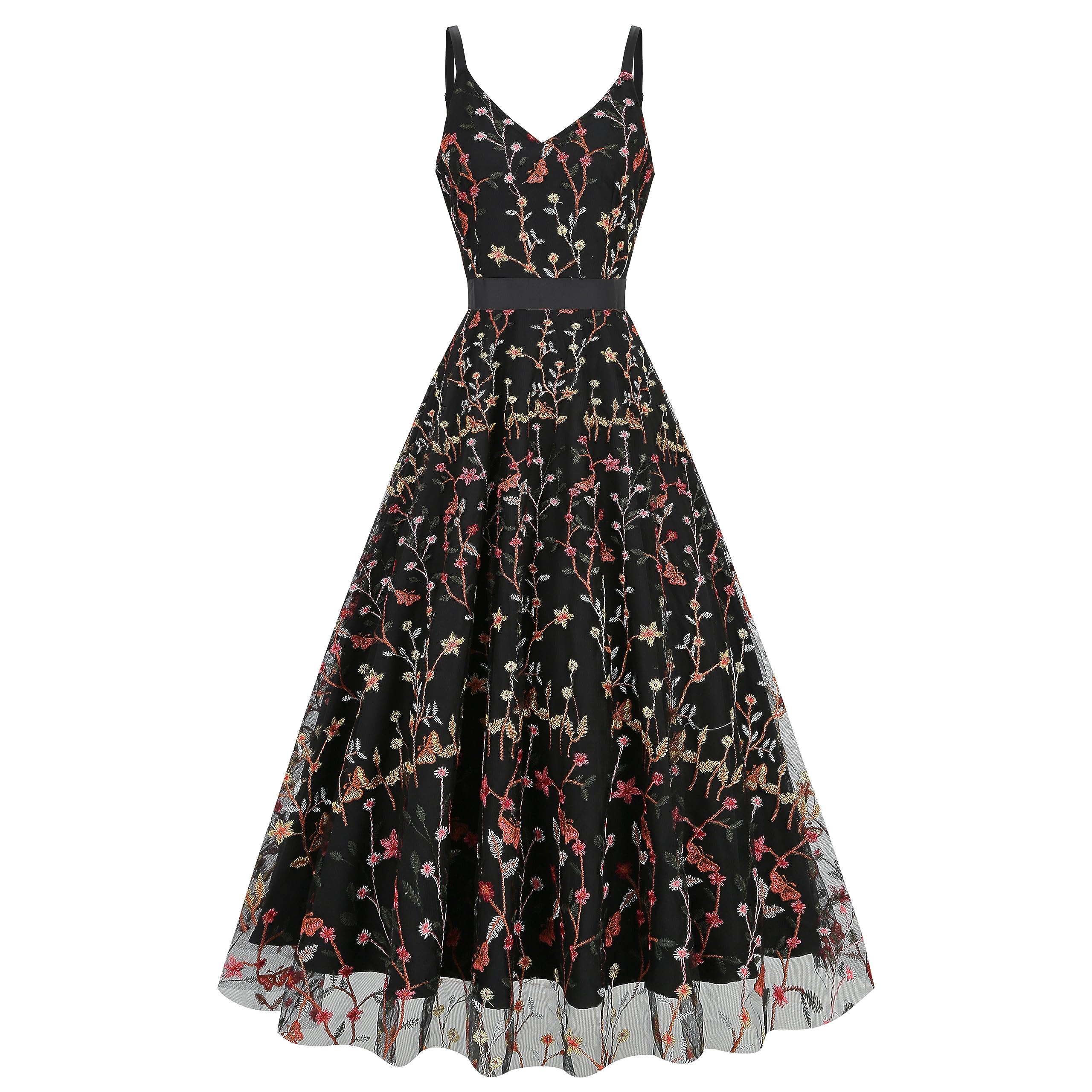 Elegant Long Floral Embroidery Maxi Dress for Women - Floral Embroidered Formal Evening Gown with Spaghetti Straps | Perfect for Prom, Wedding Guest, Cocktail Party & Summer Occasions