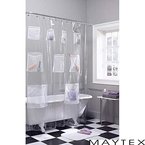 Clear PEVA Mesh Pocket Shower Curtain - Transparent Waterproof Shower Drape with Storage Pockets, Victorian Style Bathroom Decor for All Seasons - Perfect for Small Bathrooms, Dorms & Apartments