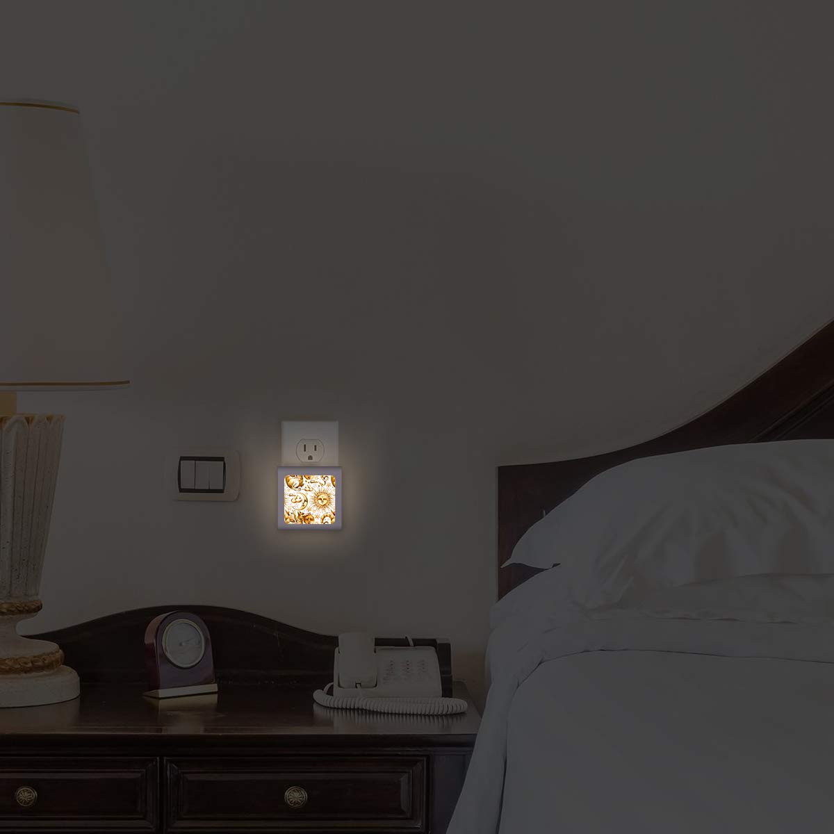 Dimmable LED Night Light with Auto On/Off Sensor - Adjustable Brightness, Warm White Light for Bathroom, Hallway, Nursery & Bedroom - Golden Moon Sun Dragon Design - Perfect for Nighttime Safety & Comfort