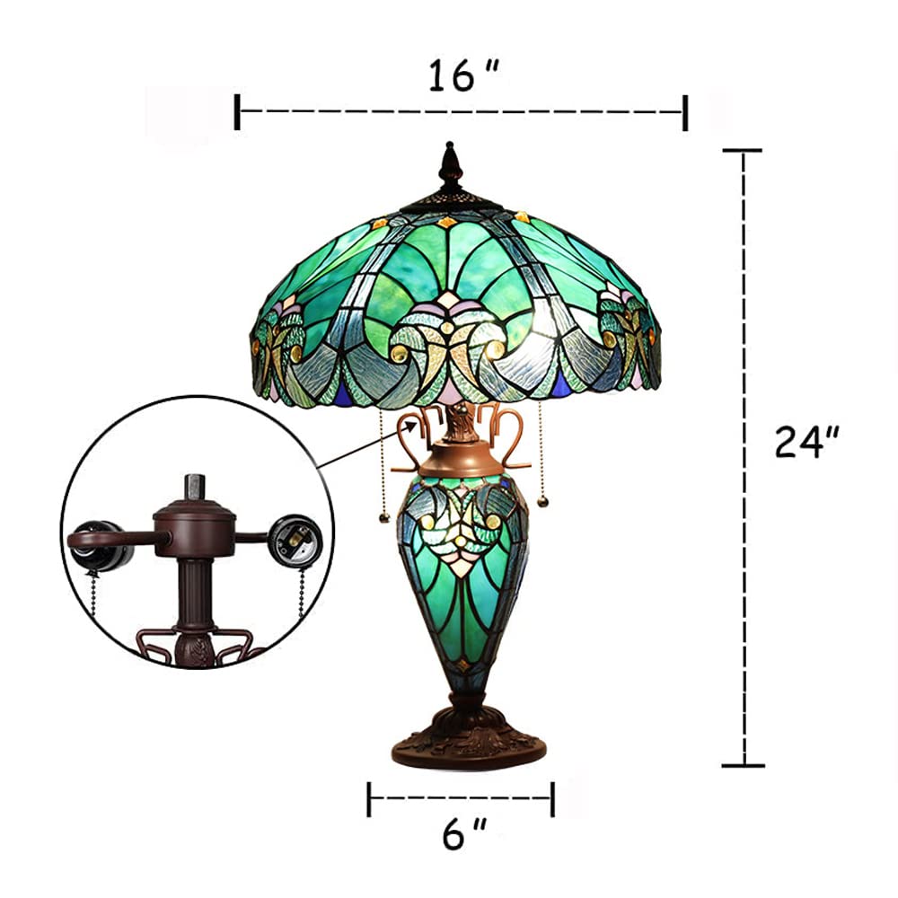 Tiffany Style 16 Inch Stained Glass Table Lamp - Victorian Sea Green Antique Desk Light with Night Light, 3 Bulb Capacity - Perfect for Living Room, Bedroom, and Office Decor