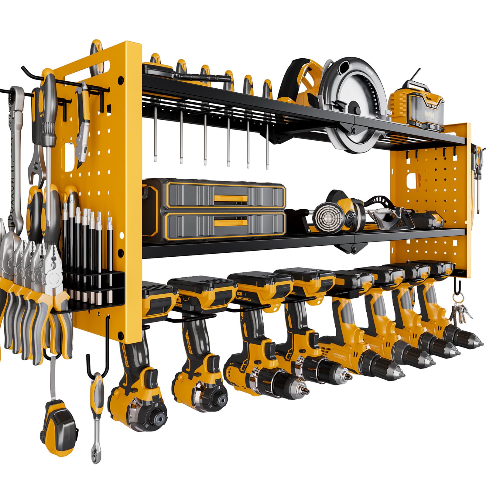 Heavy Duty Wall Mount Power Tool Organizer - 3-Tier Cordless Drill Hanger Storage Rack with 8 Drill Holders (Yellow) | Perfect for Garage, Workshop & DIY Tool Organization