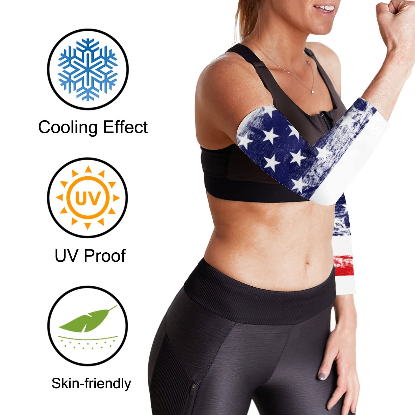 Vantaso Cooling Arm Sleeves - Unisex UV Sun Protection Sports Arm Covers with American Flag Design, Breathable Ice Silk Fabric (Sizes S-XXL) for Running, Cycling, Hiking & Outdoor Activities