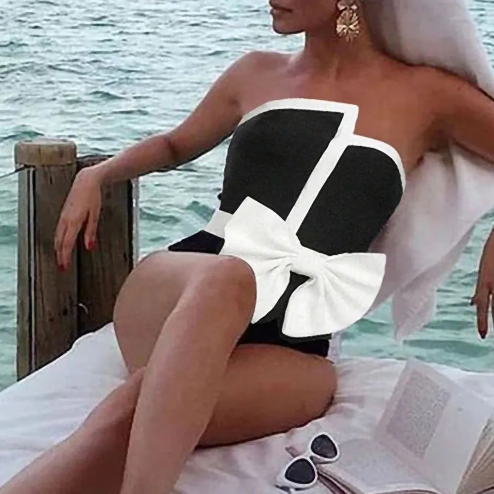 Women's Black & White Vintage Swimsuit - Elegant Tube Top Bikini with Bow Belt & Asymmetrical Skirt for Beach, Pool & Summer Vacations