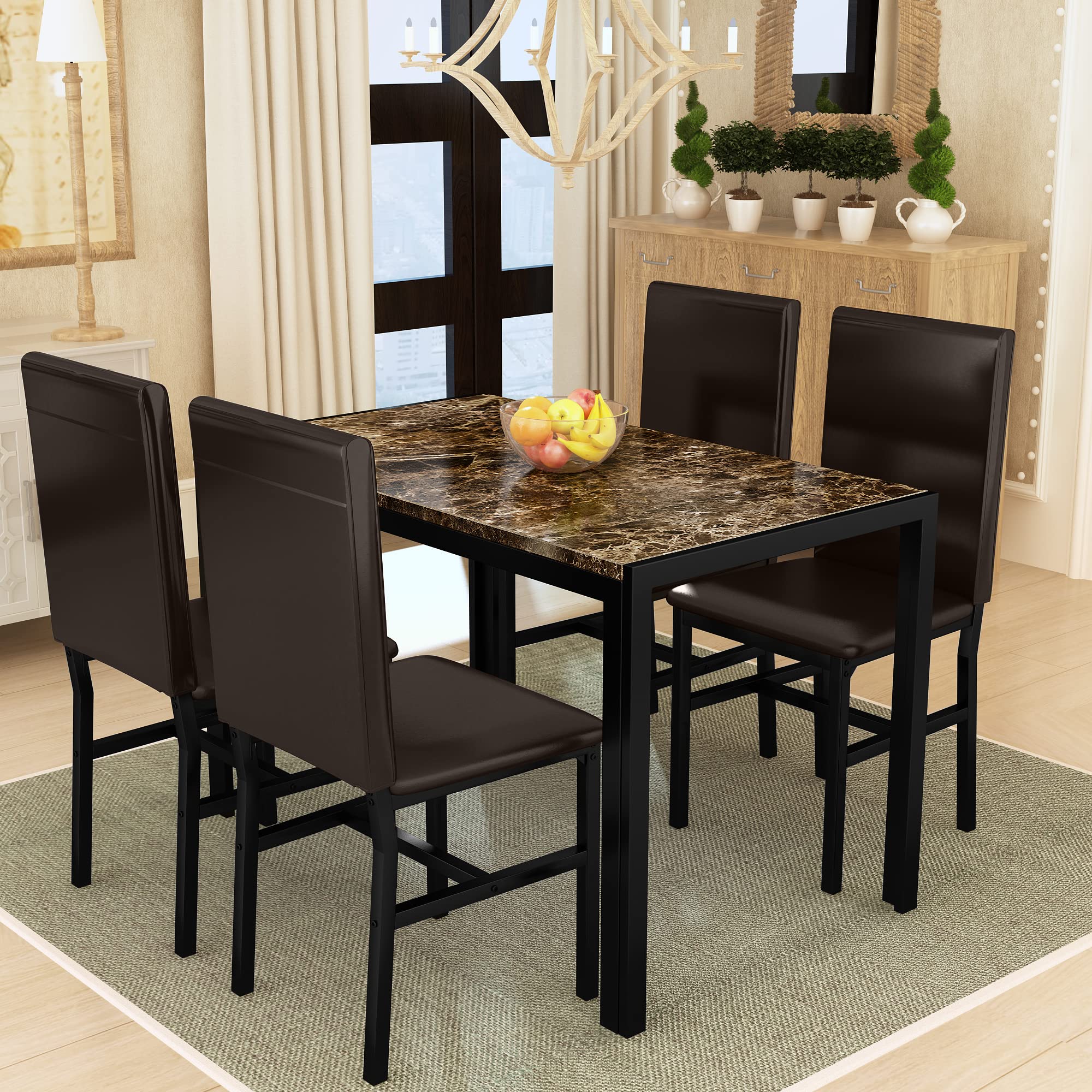Modern 5-Piece Dining Table Set for 4 with Faux Marble Top & Leather Upholstered Chairs - Compact Brown Kitchen Table Set for Small Spaces | Perfect for Apartments, Breakfast Nooks & Cozy Family Dinners