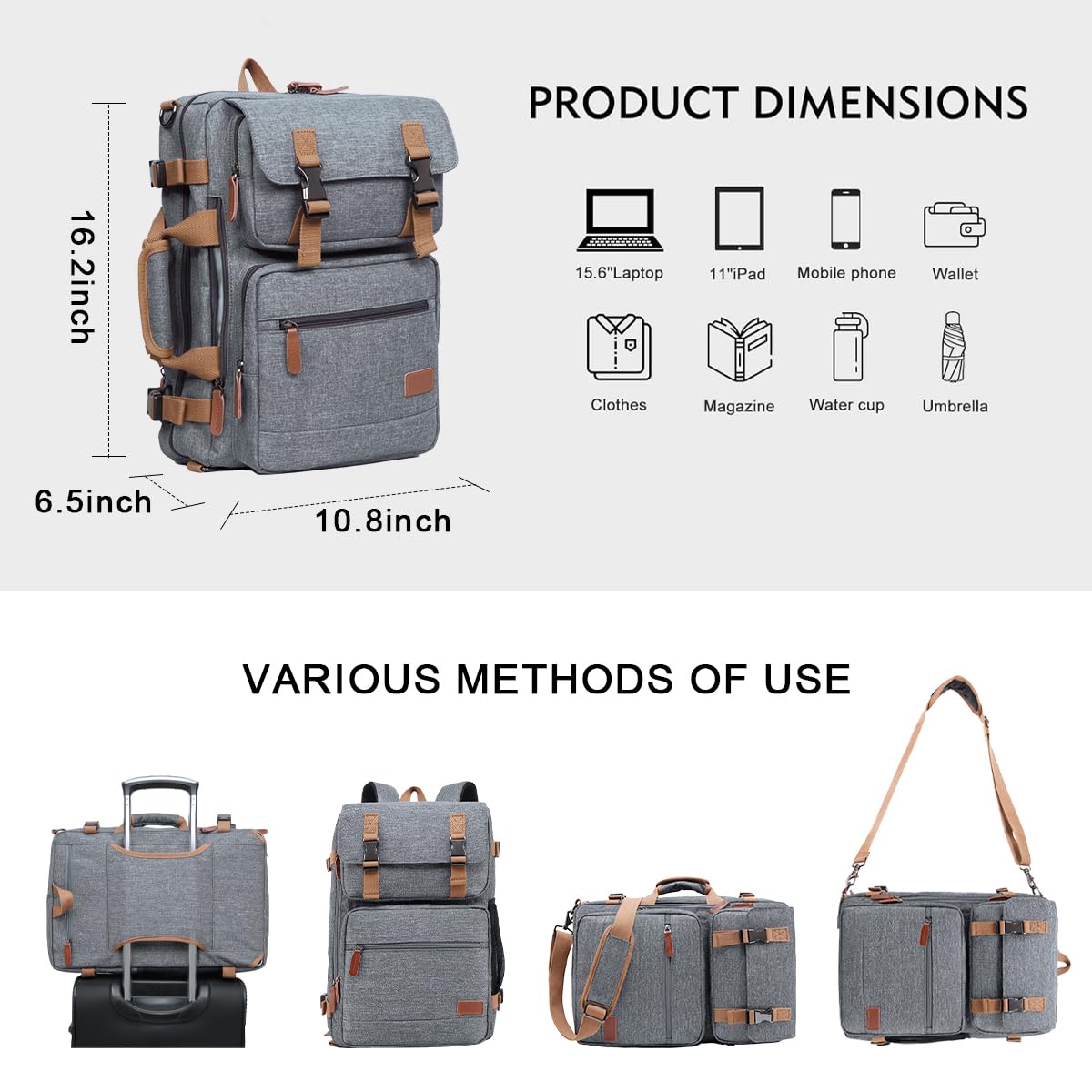 MOLNIA 3 in 1 Laptop Bag for Men & Women, 15.6 Inch Office Work Backpack, Business Briefcase & Messenger Shoulder Bag, Gray - Ideal for Commuting, Travel, and Professional Meetings