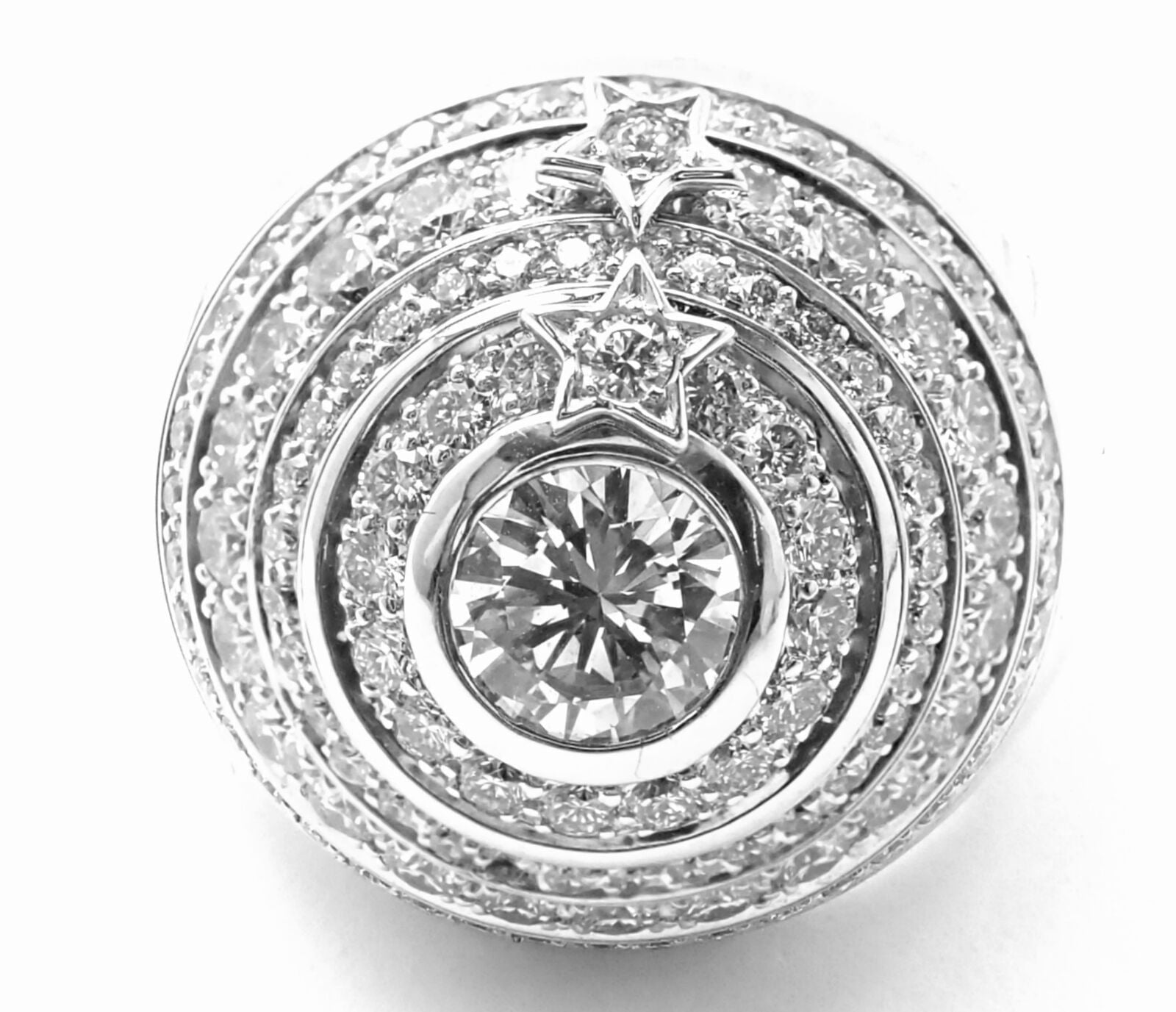 Authentic Chanel Comete Star 18k White Gold Diamond Large Spinning Dome Ring for Women - Luxury Jewelry Gift for Anniversary, Birthday & Special Occasions