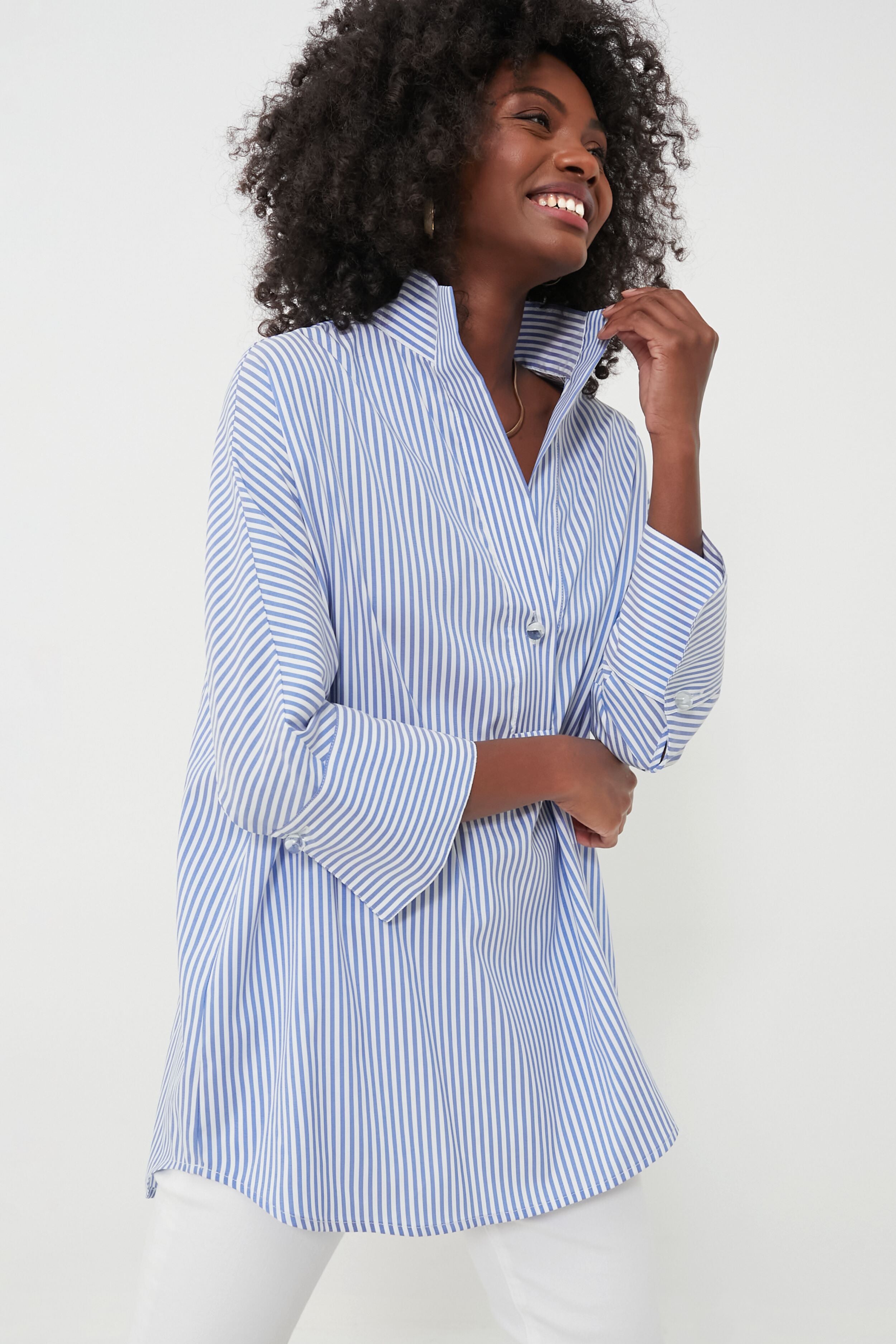 Blue Stripe Willow Blouse - Women's Stylish Floral Print Tunic Top for Casual Wear & Office Outfits | Perfect for Spring & Summer Fashion