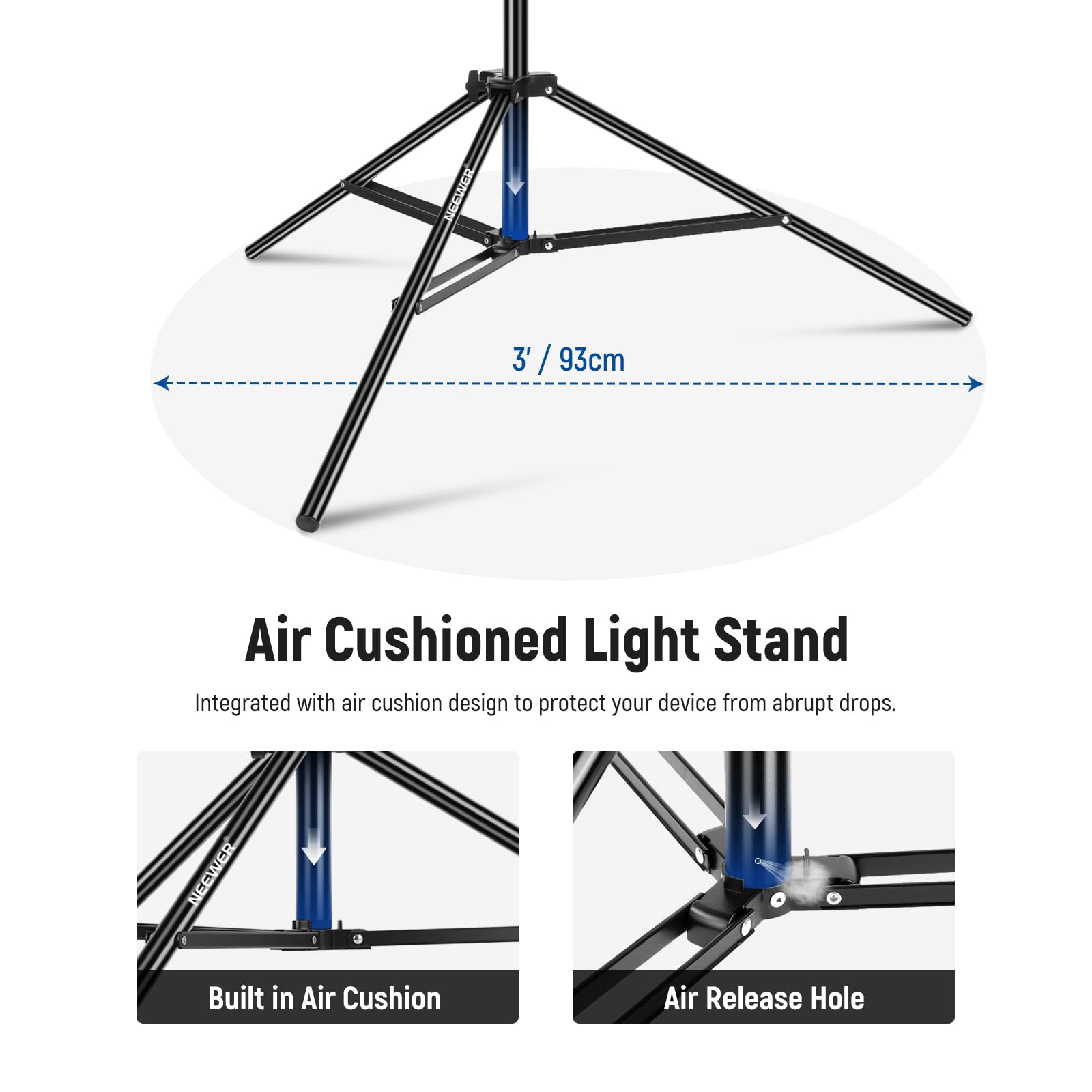 NEEWER 9.8ft/3m Air Cushioned Aluminum Light Stand with Boom Arm - Heavy Duty Adjustable Photography Stand for Studio Flash, Softbox, Umbrella & Ring Light - Includes Counterweight & Sandbag - Max Load 5kg (2 Pack) - Perfect for Professional Photography & Video Production