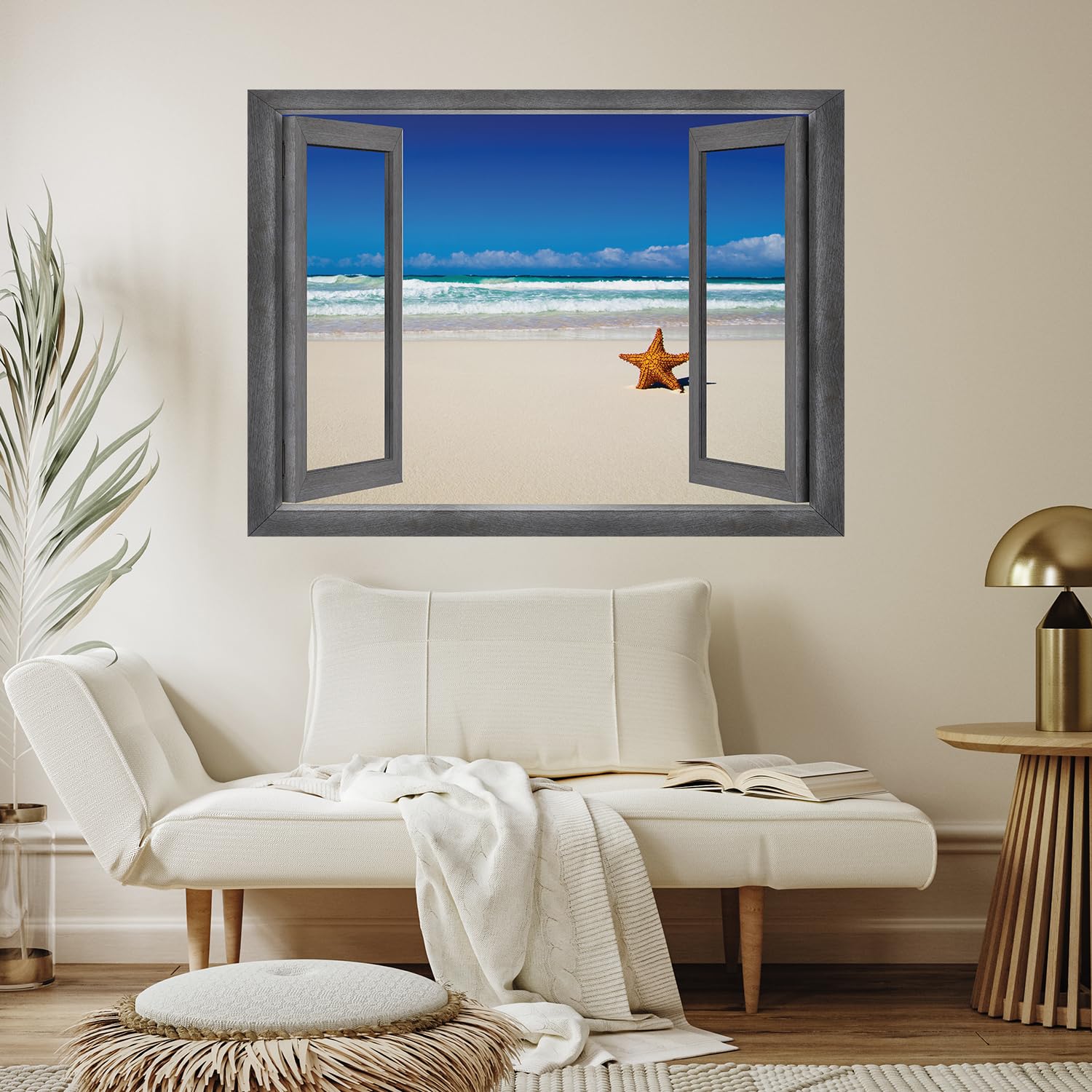 Wall26 - Open Window Ocean View Wall Mural with Starfish - Removable Peel & Stick Wall Decal - 24x32 Inch Coastal Home Decor - Perfect for Living Room, Bedroom, or Beach House Interior Design
