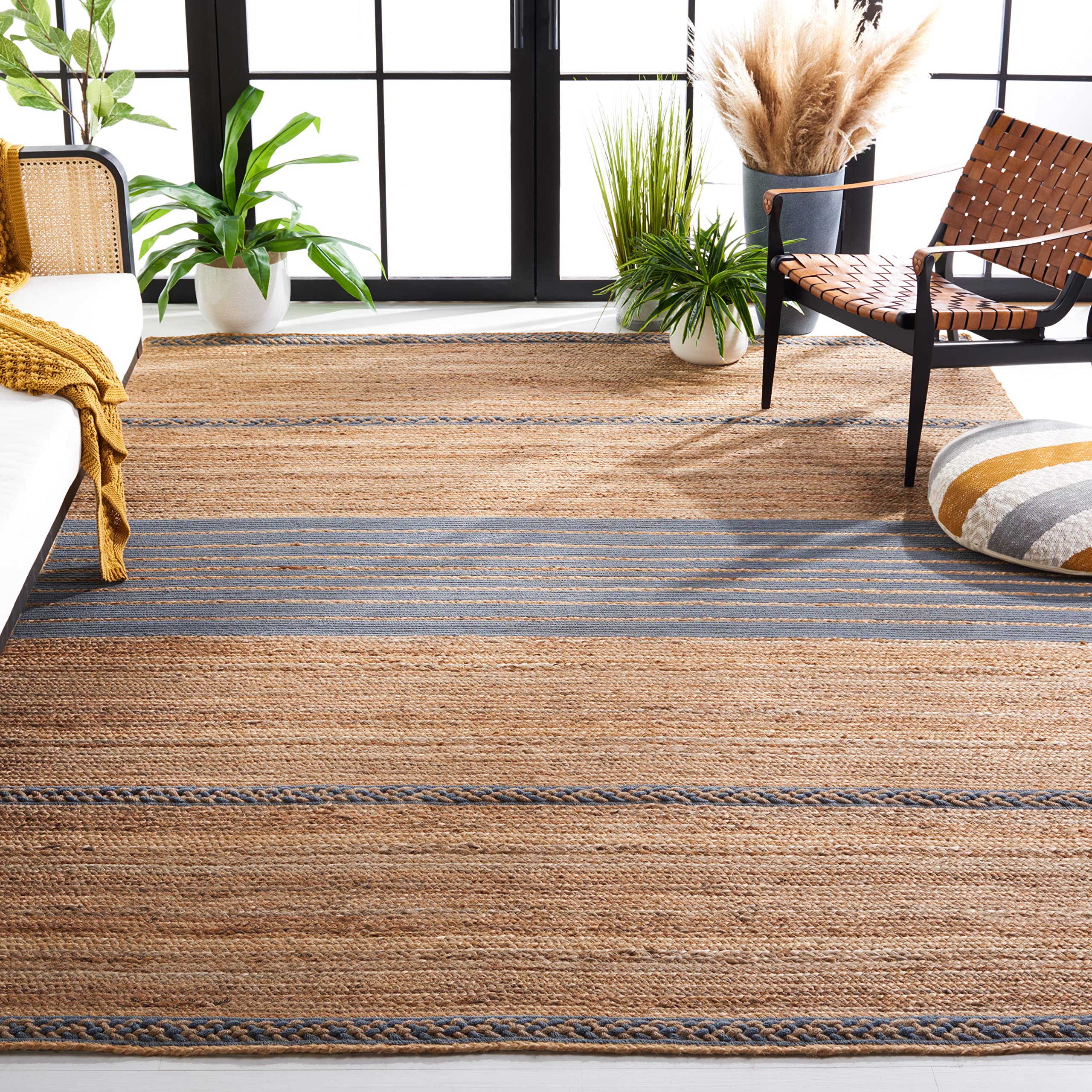 SAFAVIEH Handmade Braided Jute Area Rug 6'x6' Square - Natural & Grey Boho Farmhouse Stripe Design | Natural Fiber Collection NFB262F | Perfect for Living Room, Bedroom, or Boho Chic Home Decor