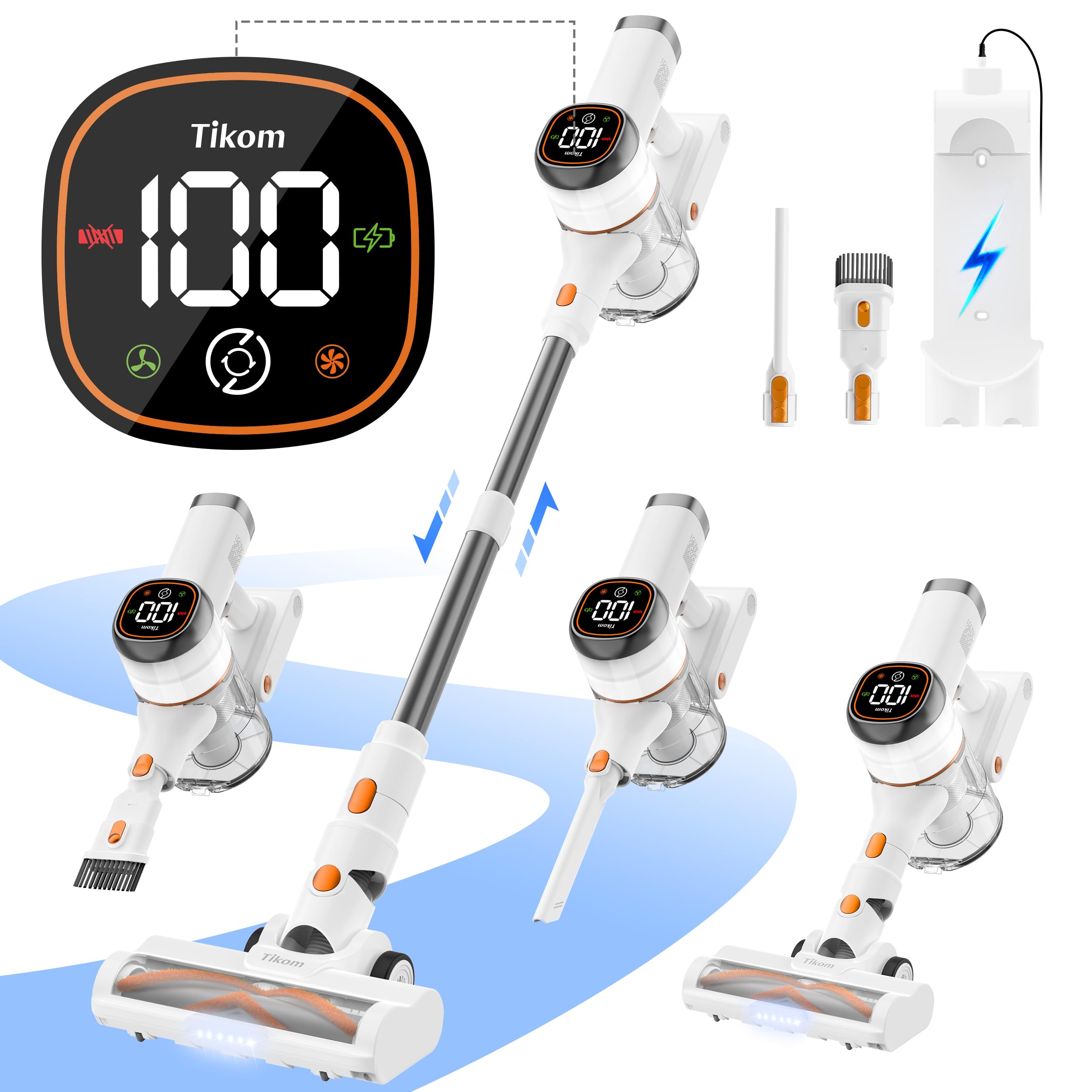 Tikom V500 Cordless Vacuum Cleaner - 40000Pa Powerful Suction, 450W Motor, LED Touch Screen, Wall Mount Charging Dock, Anti-Tangle Brush, Lightweight Handheld for Pet Hair, Hard Floors & Carpets - Perfect for Home Cleaning, Car Detailing & Pet Owners