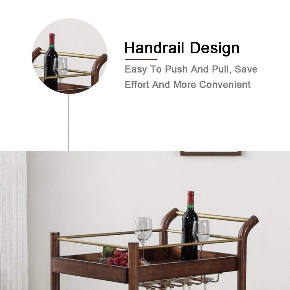**Solid Wood Kitchen Serving Cart - 3-Tier Rolling Bar Cart with Wine Glass Holder, Handle Racks & Lockable Casters - Perfect for Home Bar, Kitchen Storage & Mobile Serving**