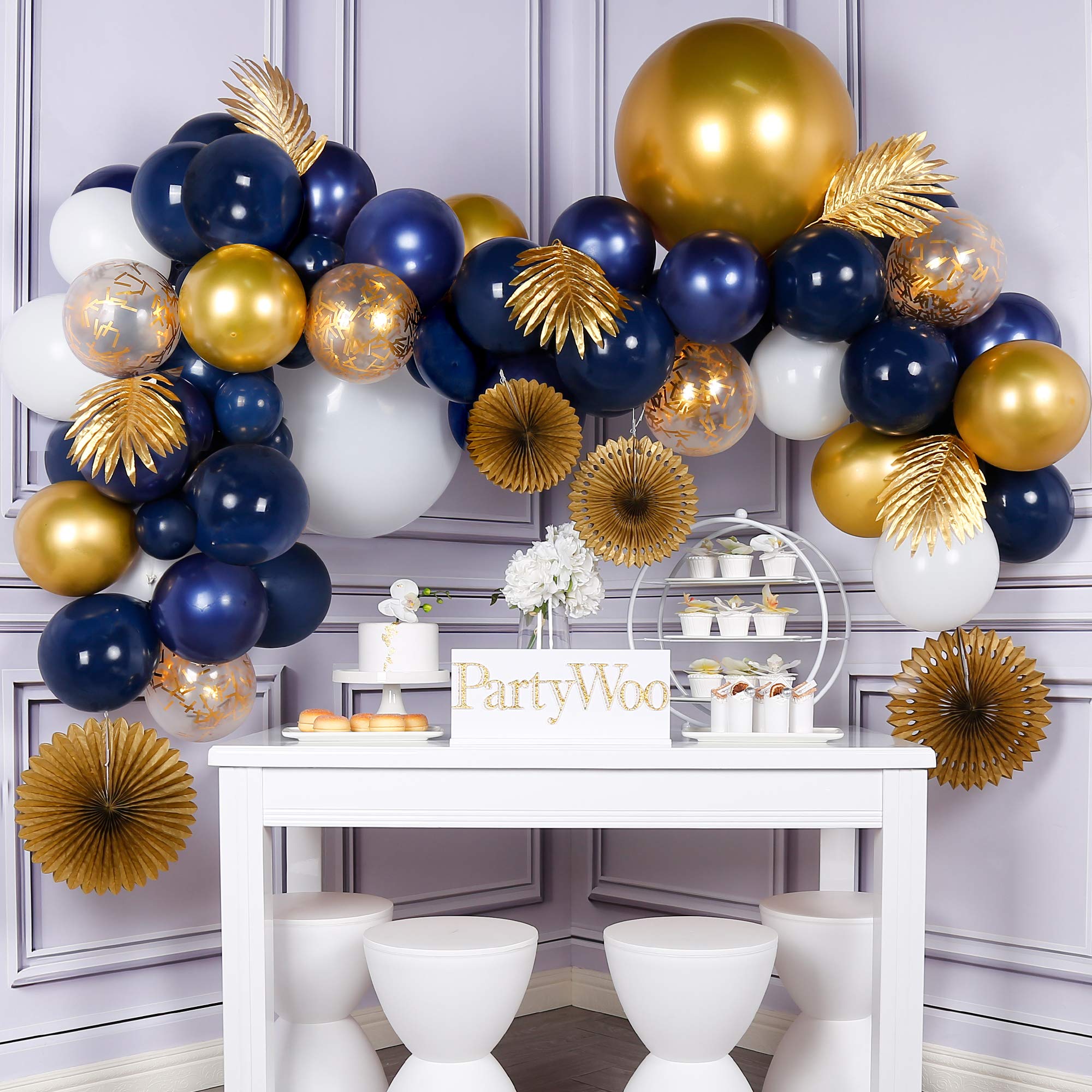 PartyWoo Navy Gold Balloon Arch Kit - 71 Pcs Blue & Gold Balloons, Navy Blue Balloons, Paper Fans & Gold Confetti Balloons for Birthday, Wedding, Baby Shower & Graduation Decorations