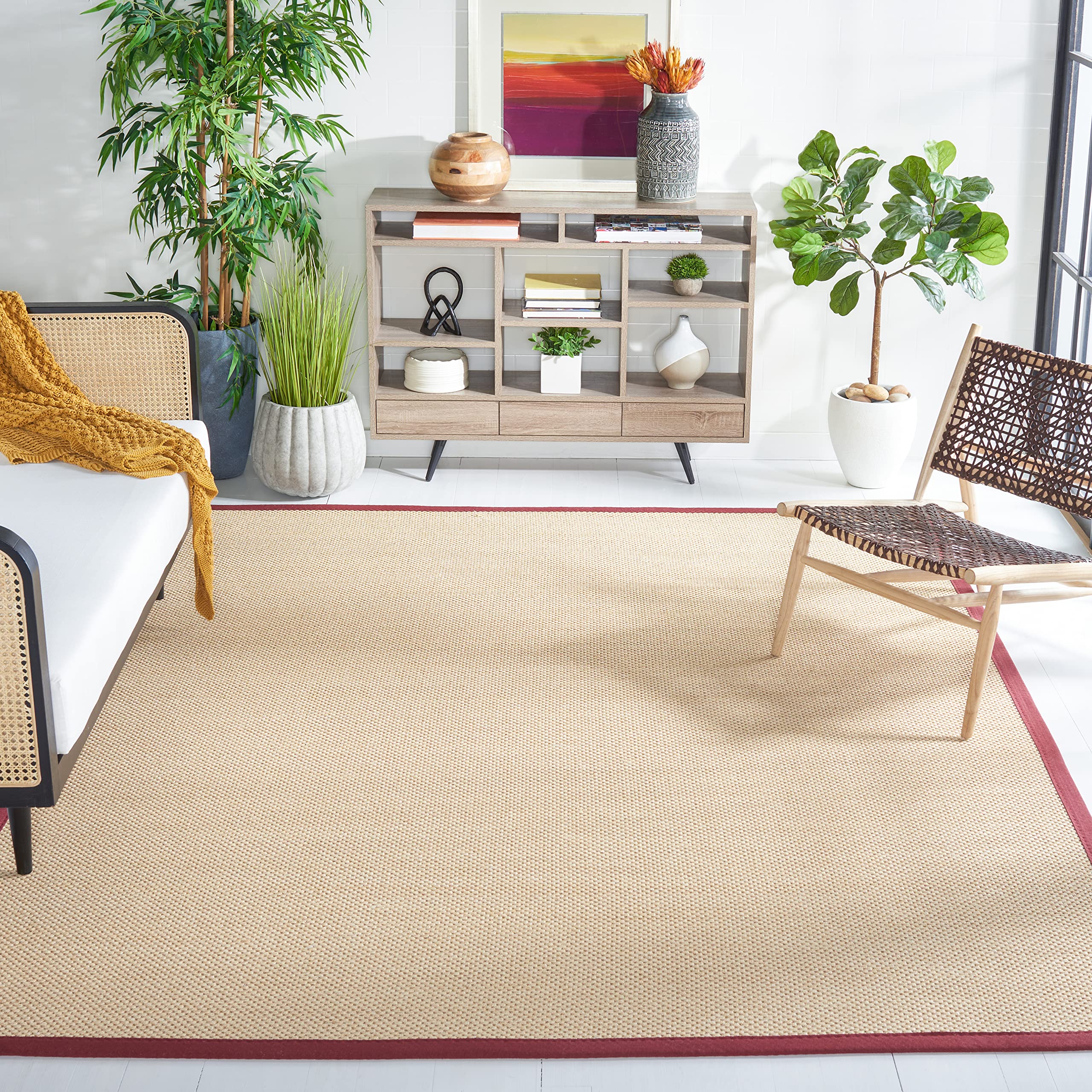 SAFAVIEH Natural Fiber Collection Area Rug - 9' x 12', Maize & Burgundy, Border Sisal Design, Easy Care, Durable Floor Covering for High Traffic Areas - Perfect for Living Room, Bedroom, Office & Entryway (NF141D)