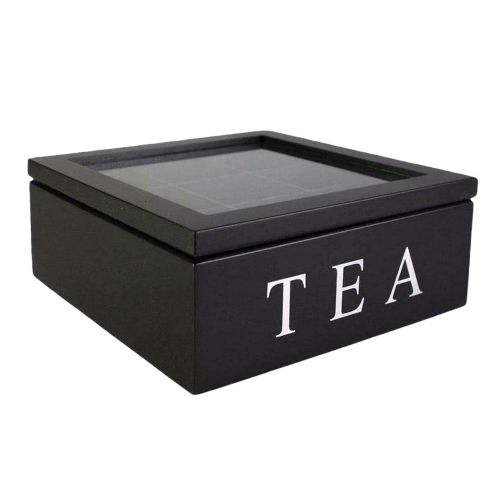 Baoblaze Wooden Tea Storage Box with Viewing Window & Lid - Organizer for Tea Bags, Instant Coffee Packets - Elegant Black - Perfect for Kitchen Countertop, Pantry & Gift Giving