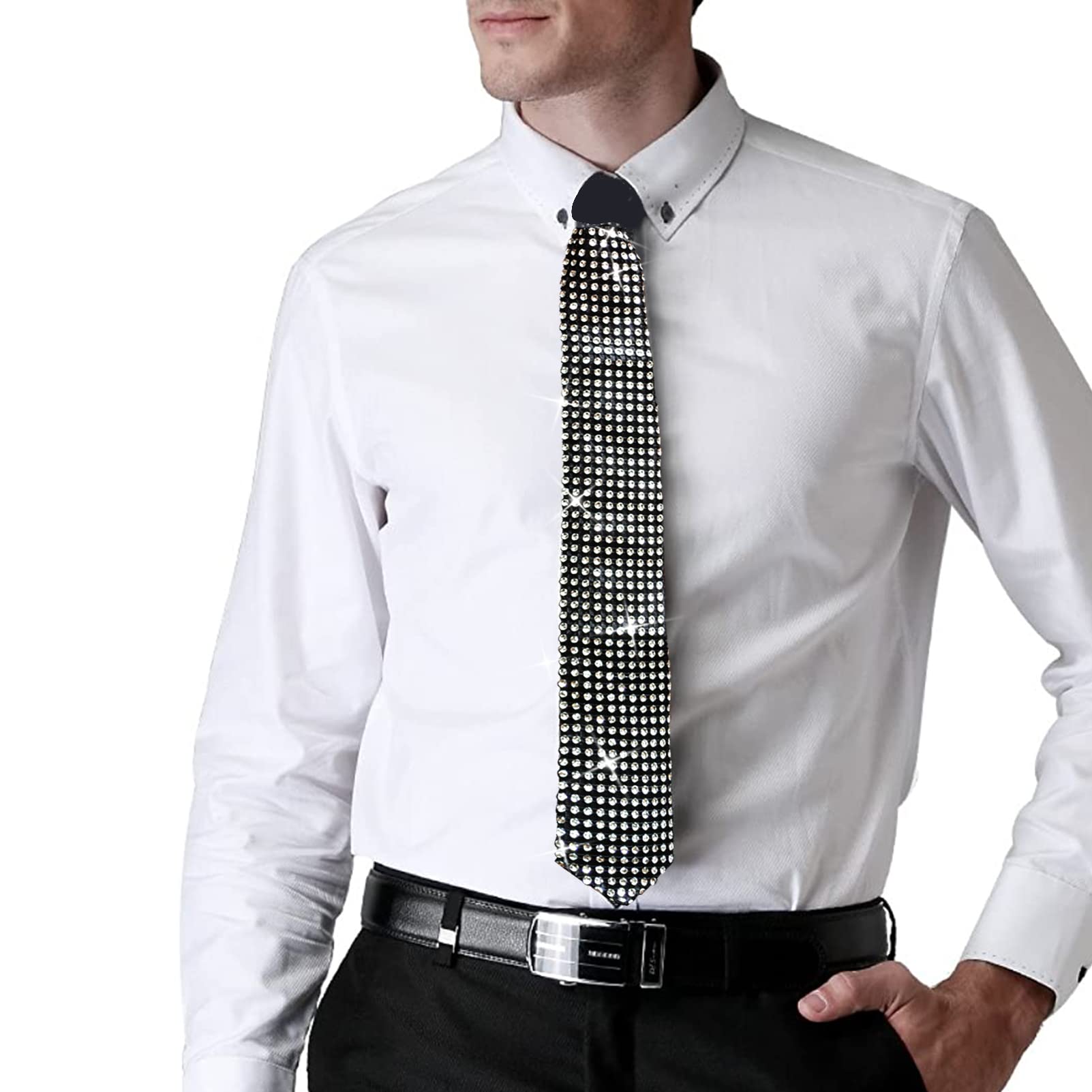Sparkly Men's Sequin Skinny Tie - Adjustable Zipper Necktie for Weddings & Halloween (Black)