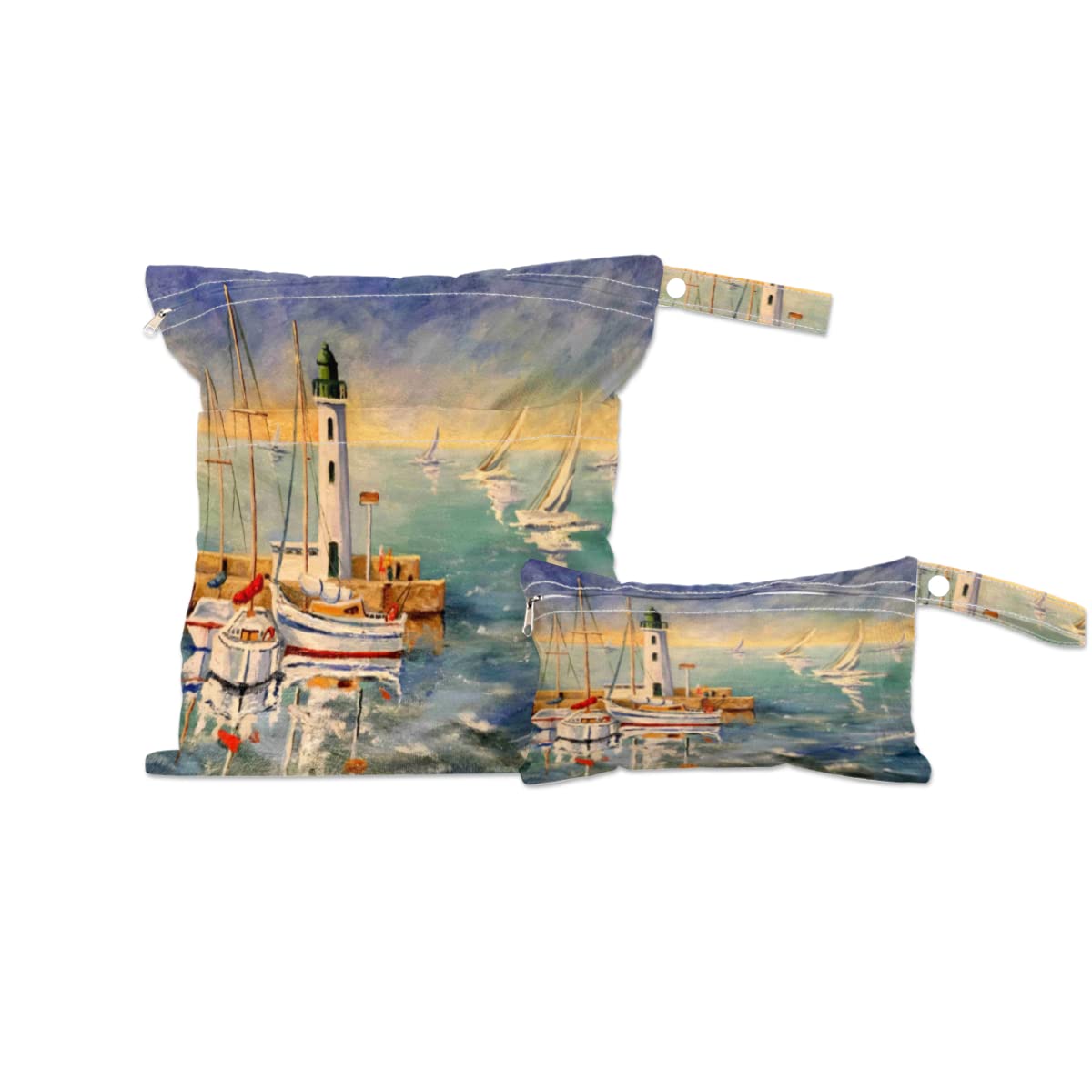 Waterproof Reusable Wet Dry Bag 2 Pack with Zipper - Seascape Lighthouse Oil Painting Design - Perfect for Beach, Swimsuits, Gym Clothes & Travel Toiletries | Great as Diaper Bag Organizer & Waterproof Pouch