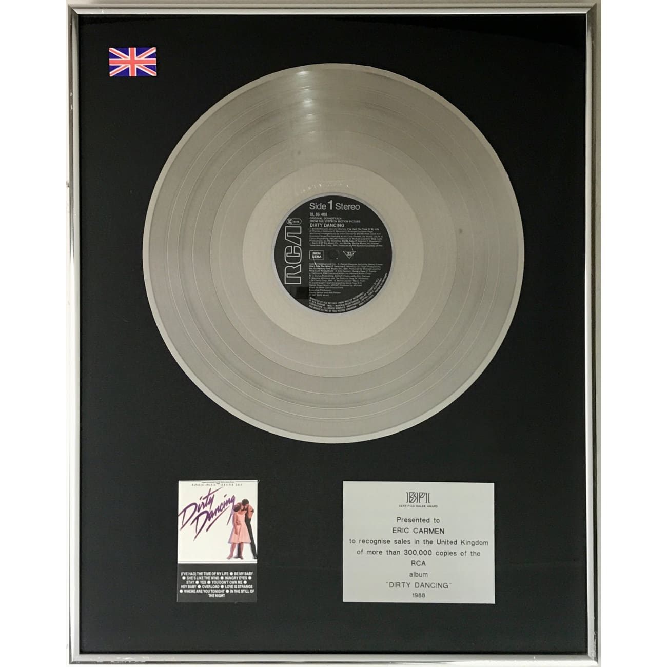 Dirty Dancing Original Soundtrack 1988 BPI Platinum LP Award - Rare Collector's Edition for Eric Carmen | Perfect for Music Enthusiasts & Vintage Vinyl Collectors