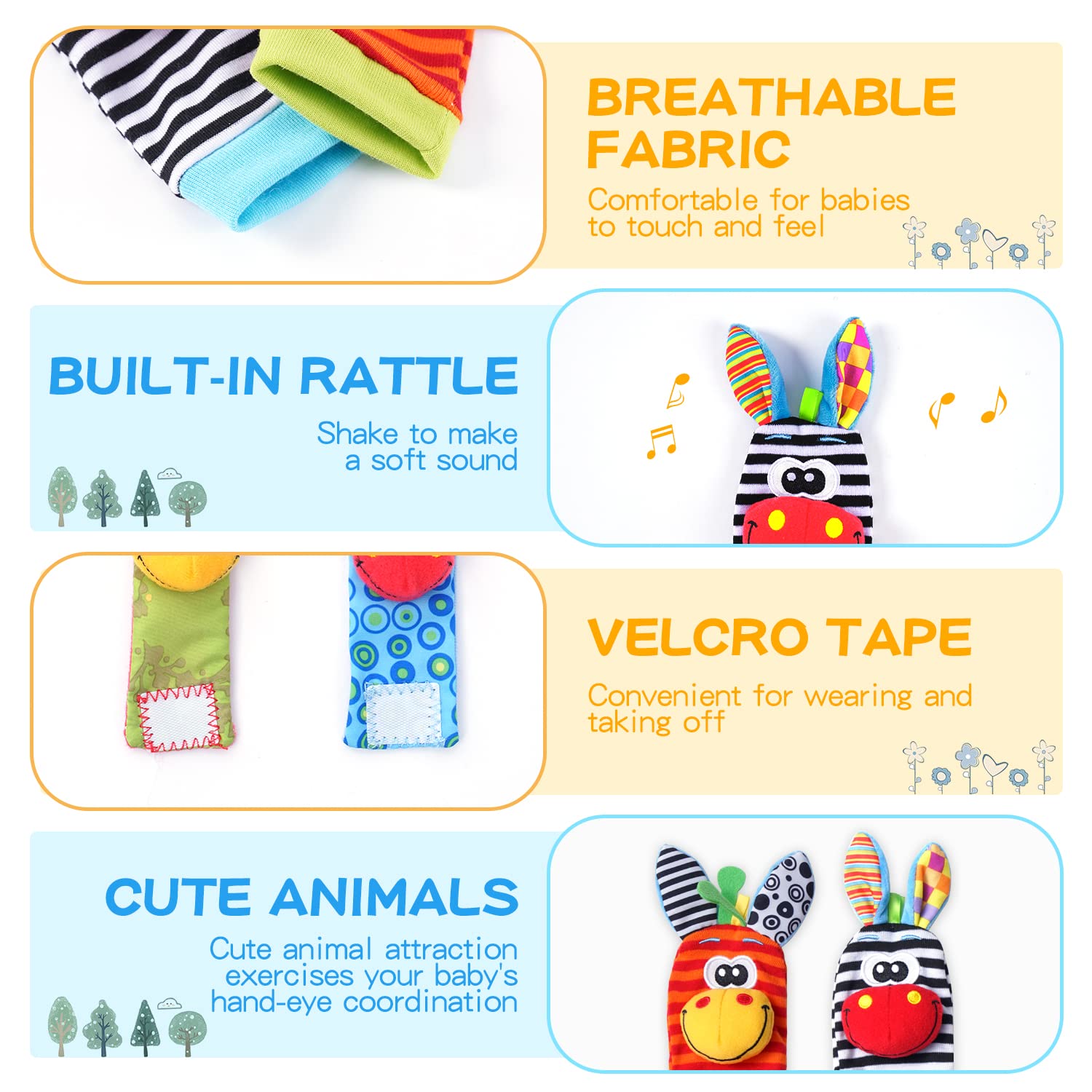 Koty Baby Wrist Rattles & Foot Finder Toys Set - Newborn Infant Rattle Socks, Arm Bracelet & Ankle Socks for Boys & Girls - Soft Sensory Developmental Toys for 0-12 Months - Perfect Baby Shower Gift & Early Learning Playtime Accessories
