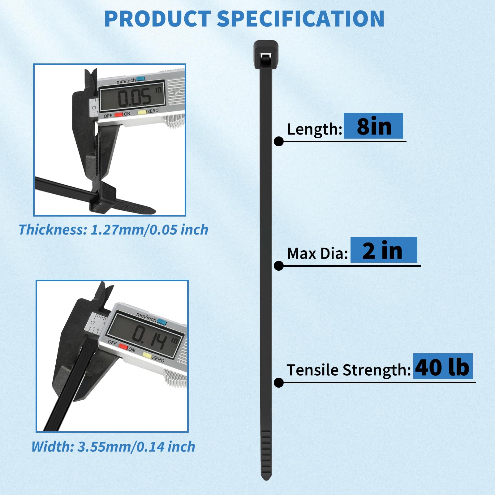 Heavy Duty 8-Inch Black Nylon Zip Ties (500 Pack) - 40 Lbs Tensile Strength, UV Resistant, Self-Locking Cable Ties for Indoor/Outdoor Use - Perfect for Home, Office, and Industrial Wire Management by CENTROPOWER