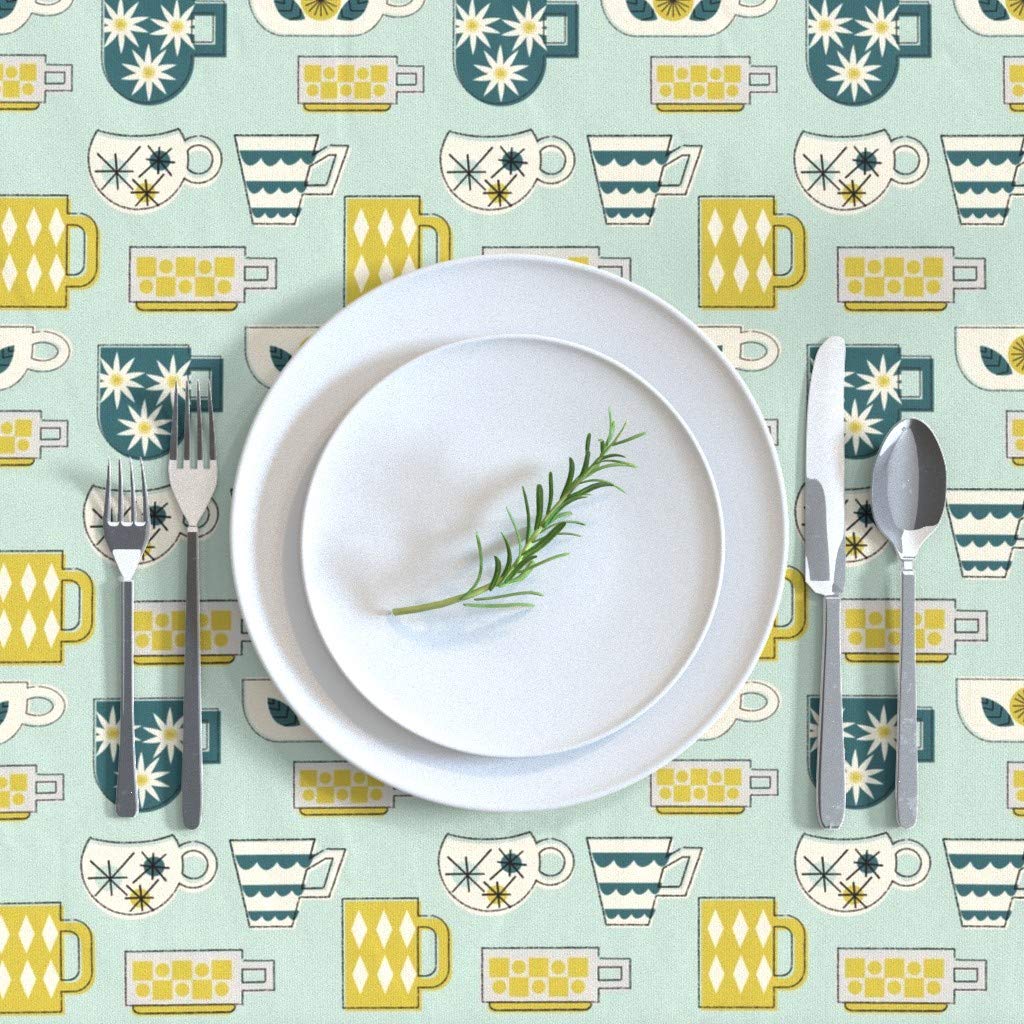 Custom Printed Spoonflower Cotton Sateen Tablecloth 70x144 Inches - Vintage Mid Century Modern Retro Coffee Mug Design for Dining Room & Kitchen Decor | Perfect for Dinner Parties, Holiday Gatherings & Home Styling