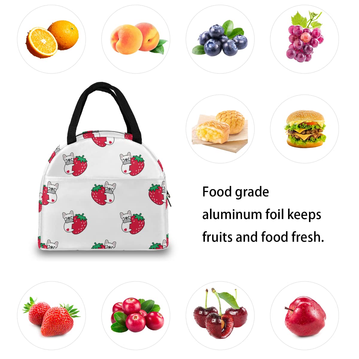Insulated Pug Dog Lunch Bag for Women & Kids - Cute Strawberry Design Reusable Lunch Tote for Work, Office, School | Perfect for Picnics, Commuting & Meal Prep