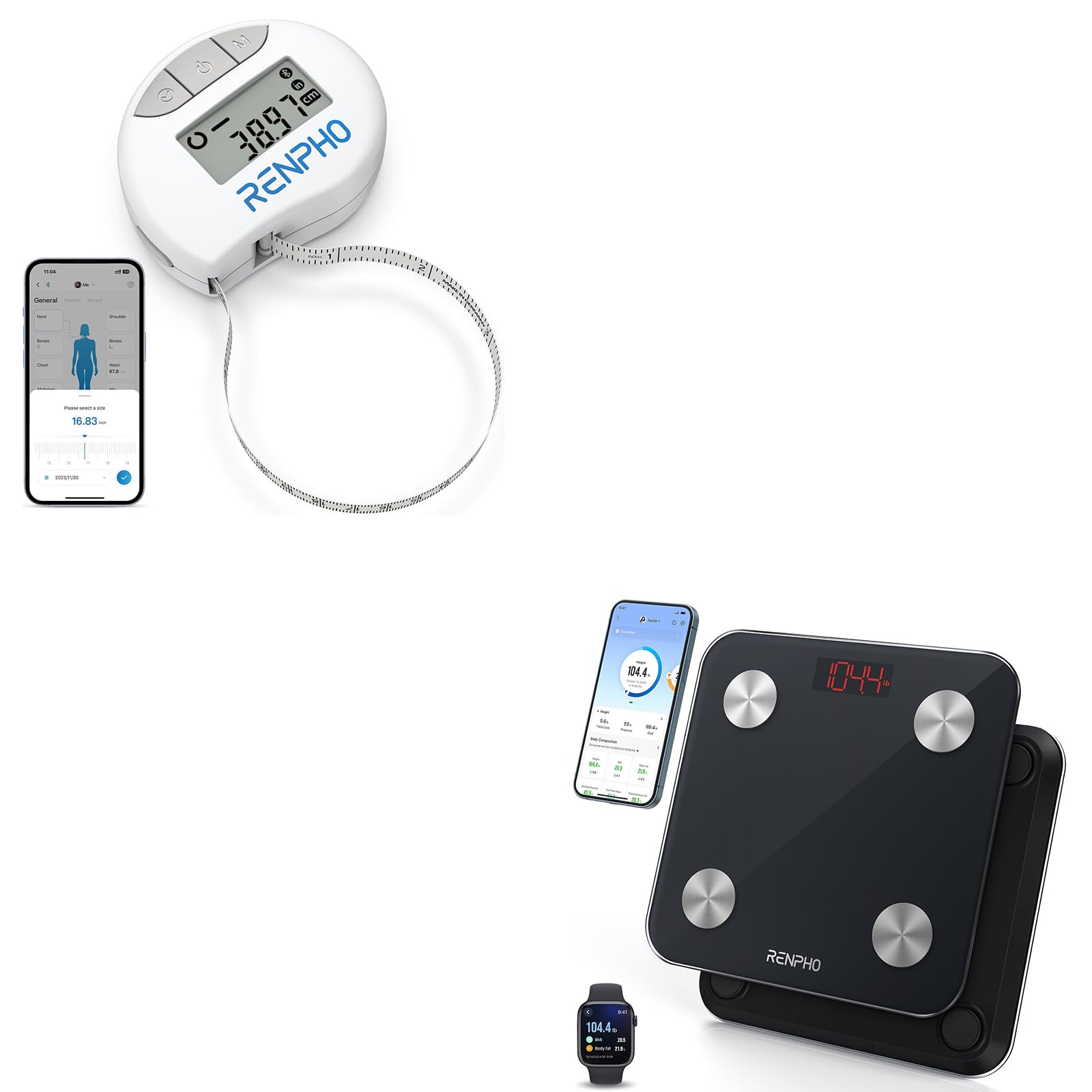 RENPHO Smart Tape Measure & Body Weight Scale - Digital Bluetooth Measuring Tape & Smart BMI Scale for Fitness, Health Tracking - Perfect for Home Gym, Weight Loss, and Body Measurements