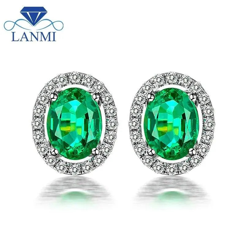 LANMI 2.29ct Colombian Emerald & Diamond Stud Earrings for Women - 14K White Gold Natural Gemstone Jewelry - Perfect for Weddings, Anniversaries & Special Occasions