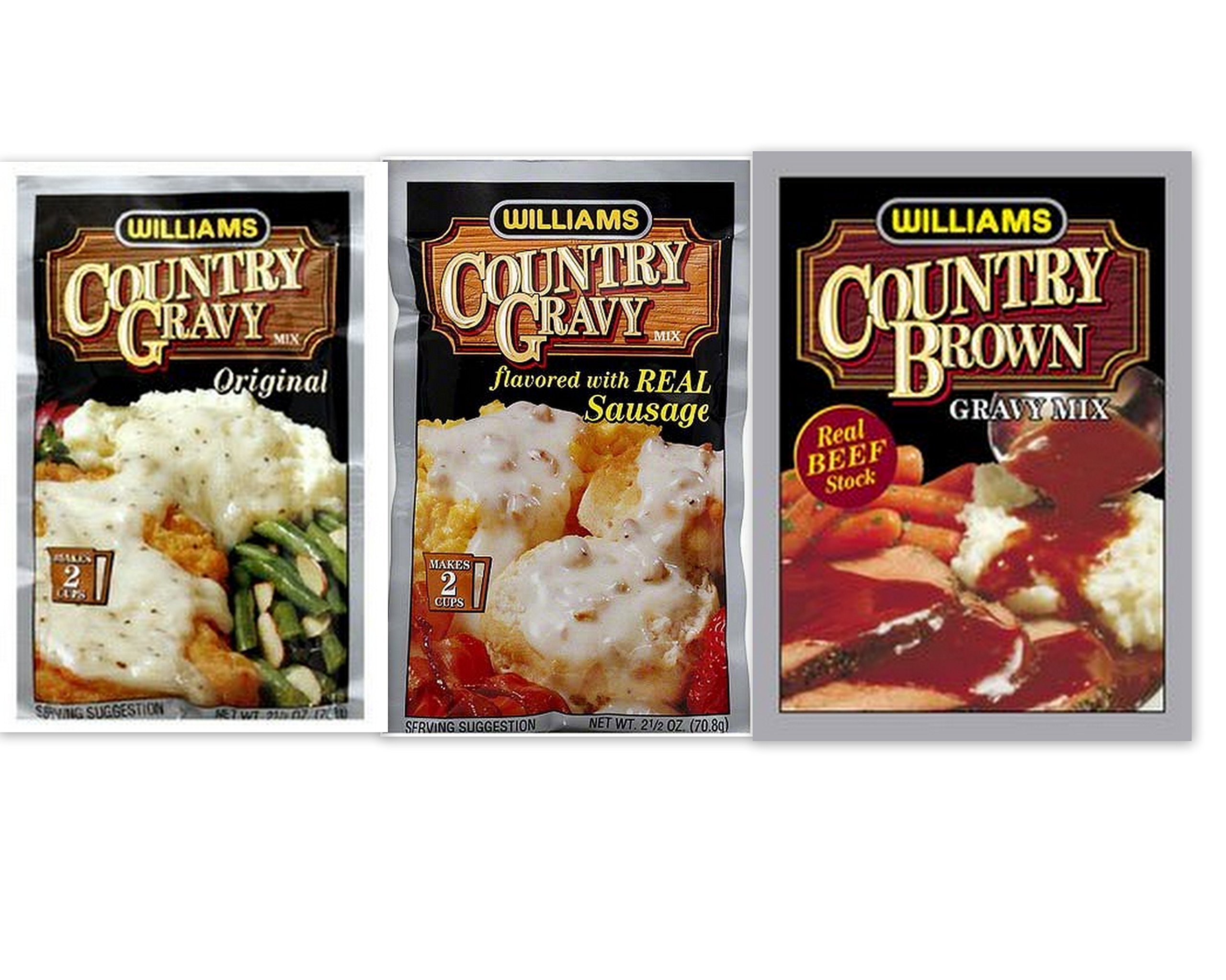 Williams Country Gravy Variety Pack - 2 Sausage Flavored Mix (2.5 oz), 2 Original Mix (2.5 oz), 2 Brown Gravy Mix (1 oz) - Perfect for Biscuits, Mashed Potatoes & Southern Cooking