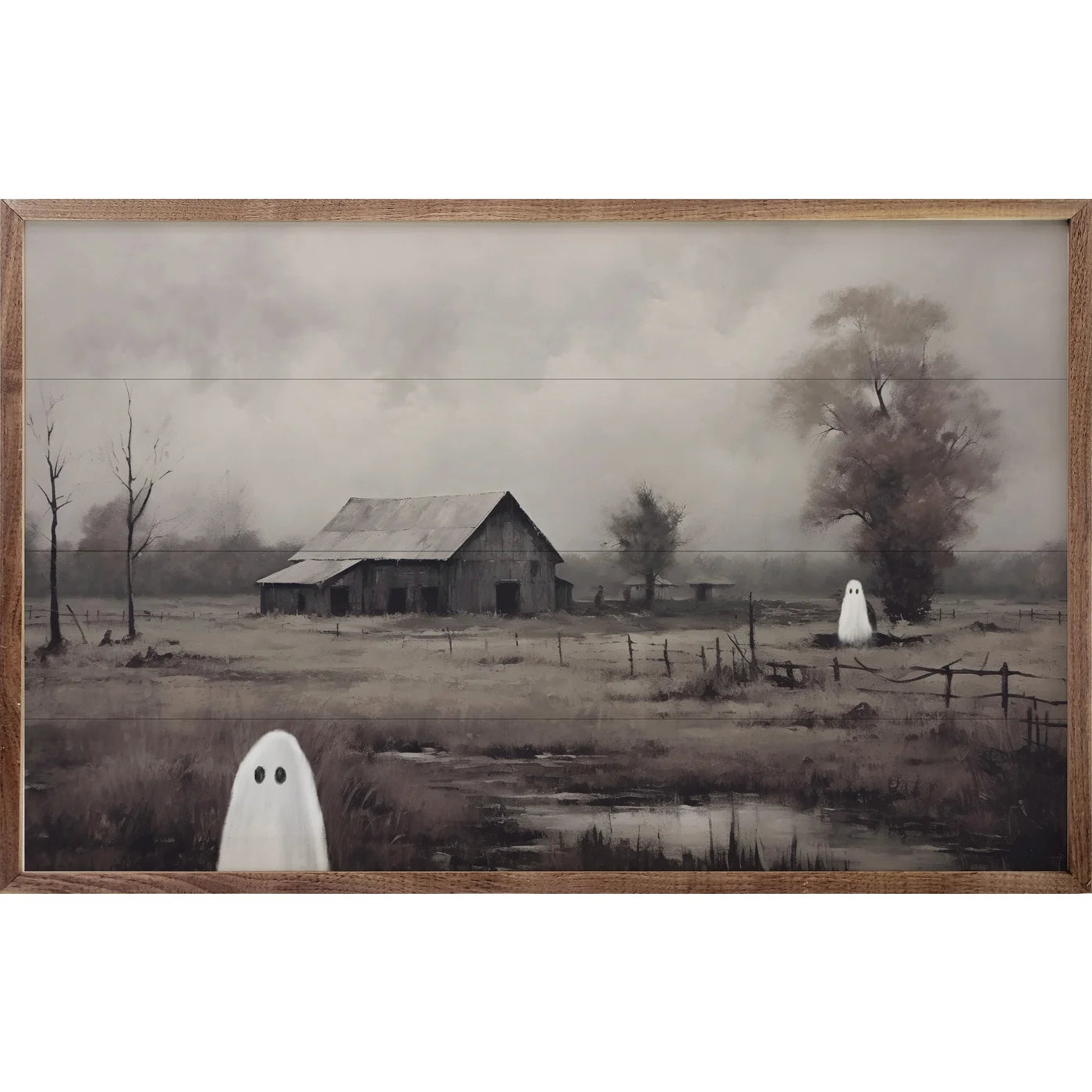 Barn With Ghosts By Petals Prints - Haunted Wood Framed Wall Art Print - Spooky Home Decor for Halloween & Gothic Interior Design
