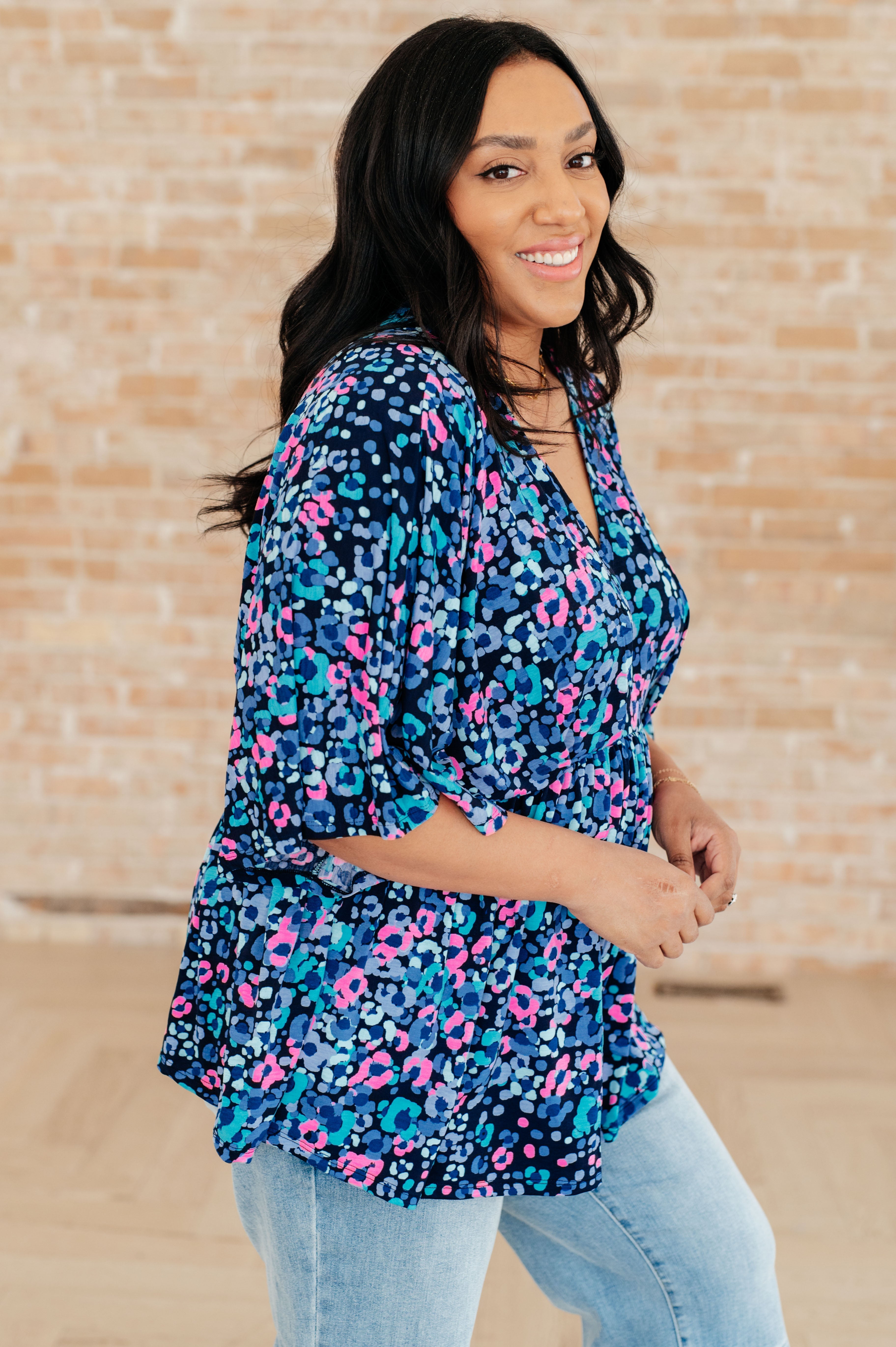 Dear Scarlett Navy & Lavender Animal Print Peplum Top for Women - Stylish Blouse for Party, Date Night & Casual Outfits