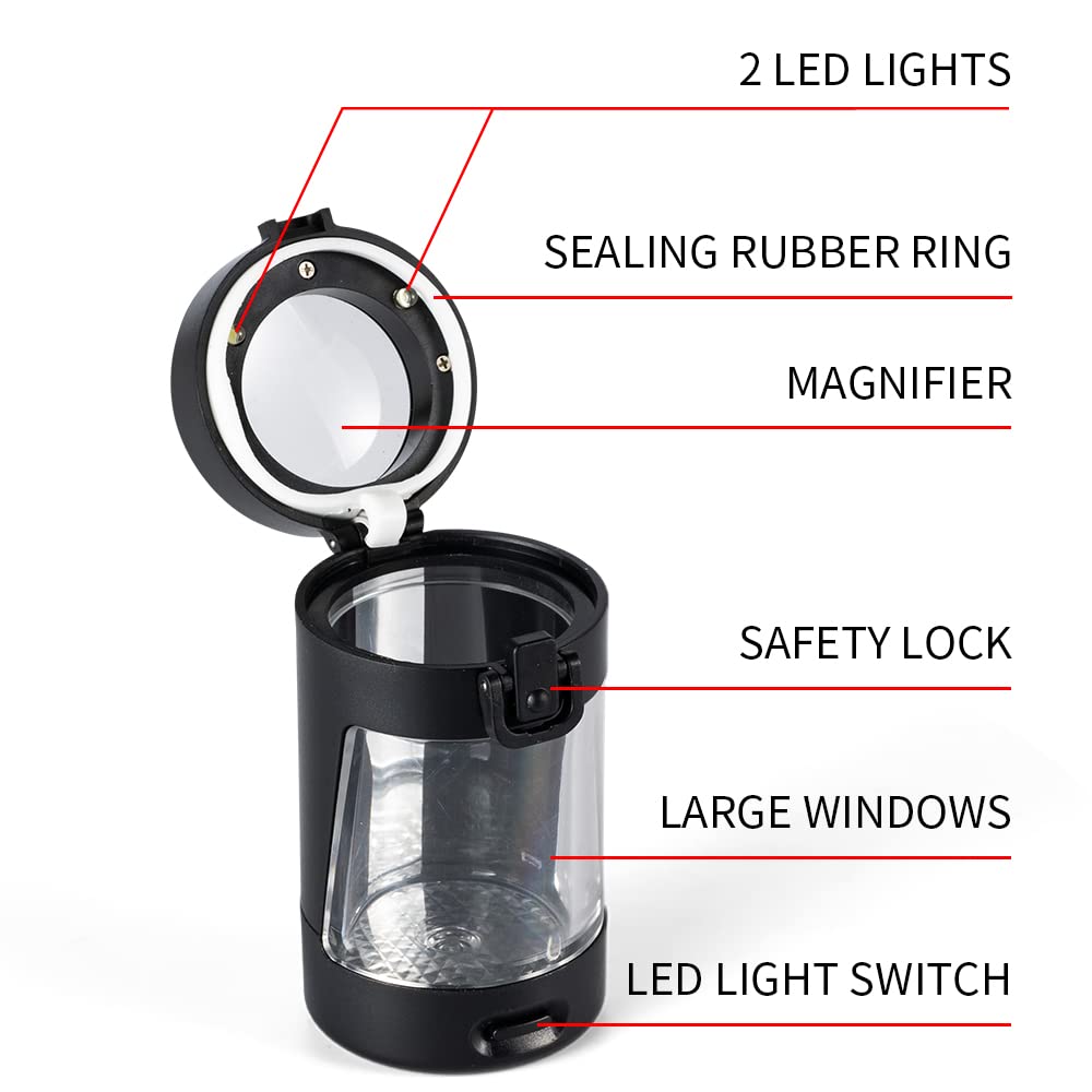 LED Transparent Glass Airtight Storage Jars with Herb Grinder - Magnifying Viewing Jar with Light-Up Feature - Portable Mini Lightweight Design for Easy Storage & Carrying (White) - Perfect for Kitchen Organization, Herb Storage & Travel Essentials