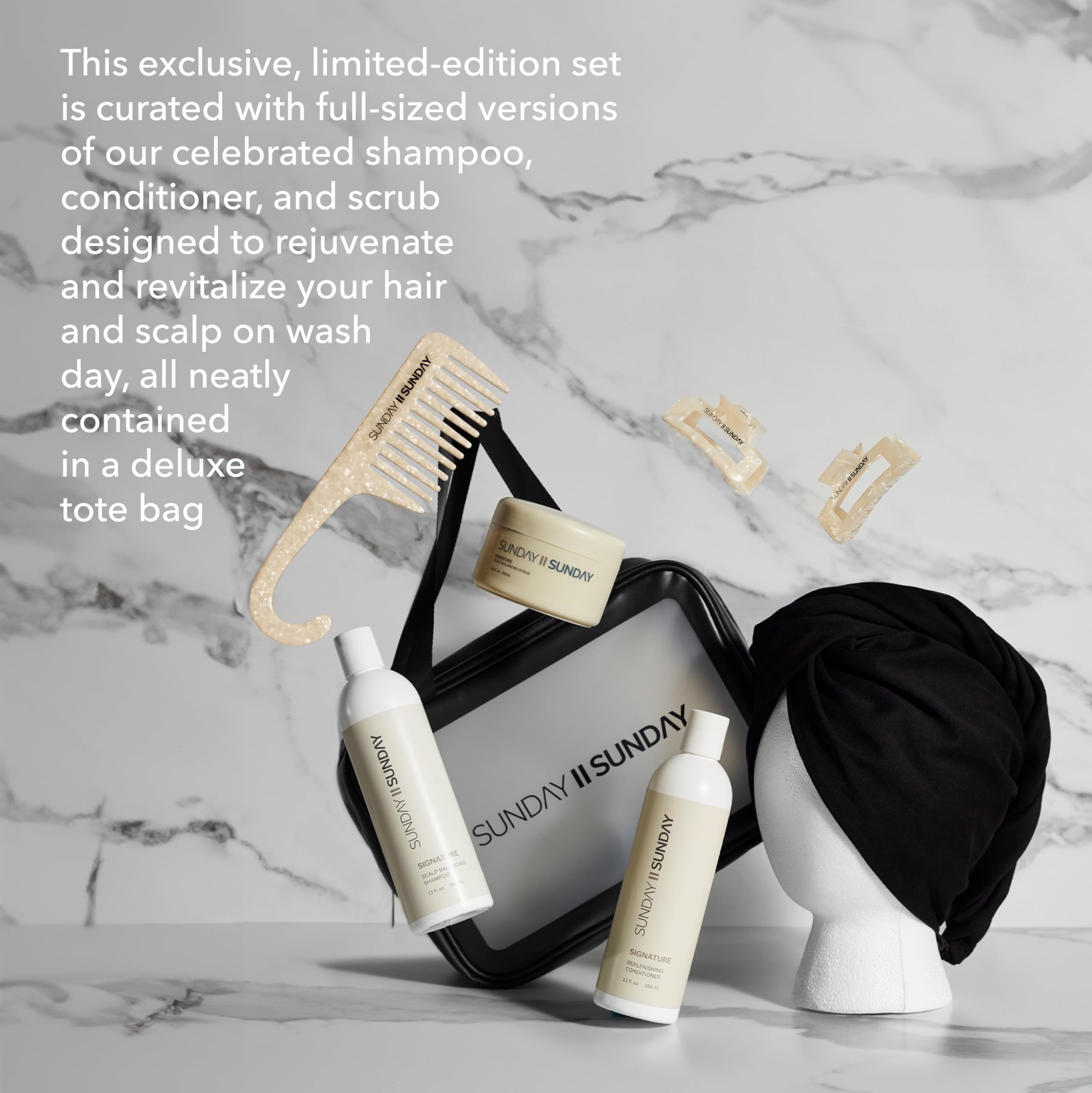 SUNDAY II SUNDAY Deluxe Signature Hair Wash System - Scalp Balancing Shampoo, Sugar Scrub & Replenishing Conditioner Set (8-Piece) for Hair Revitalization & Rejuvenation | Perfect for Dry, Damaged Hair & Scalp Care at Home or Salon
