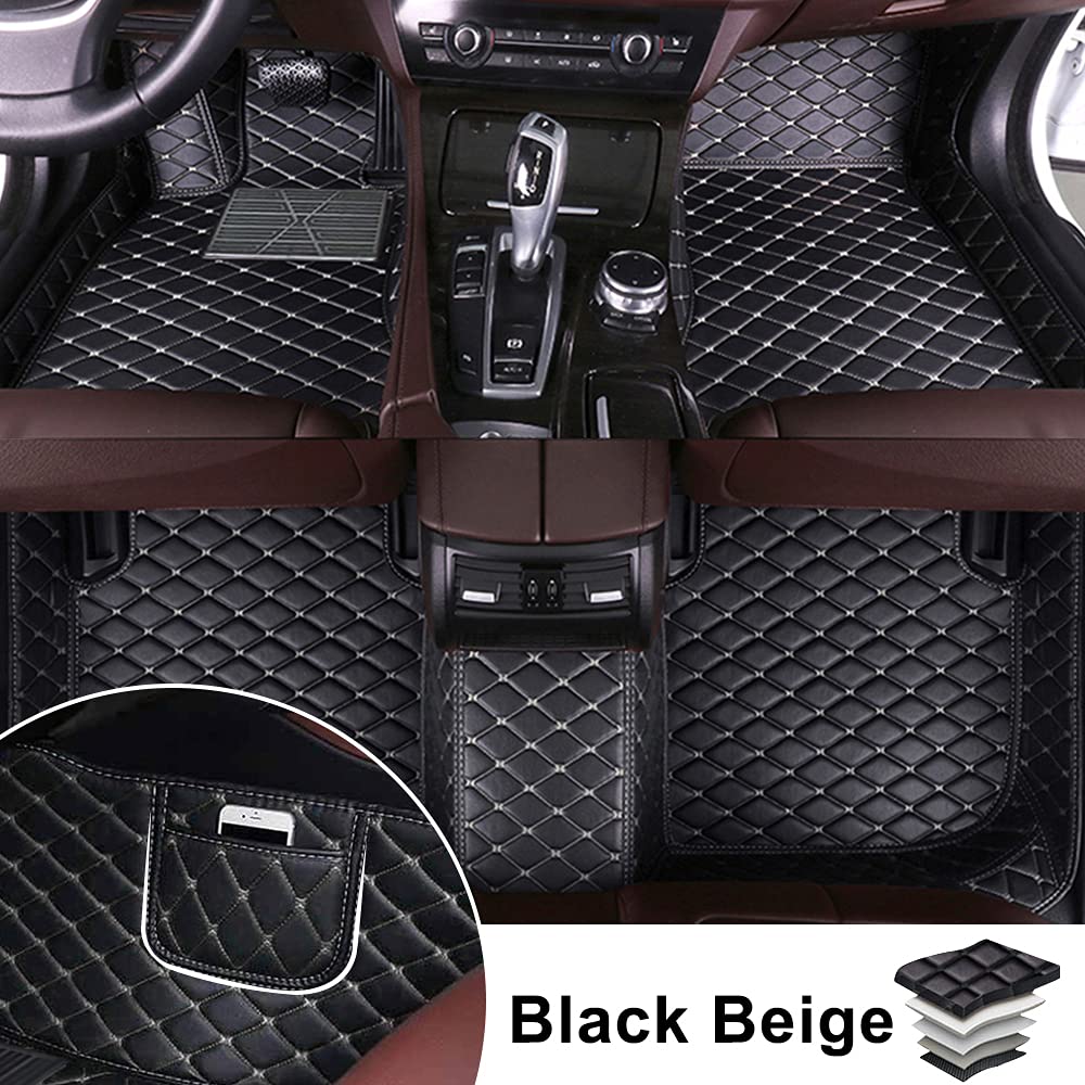 Premium All-Weather Car Floor Mats Full Set for Audi A7 2012-2018 - Waterproof Luxury Leather with Storage Pockets - Black/Beige - Perfect for Daily Commute, Road Trips & Winter Protection