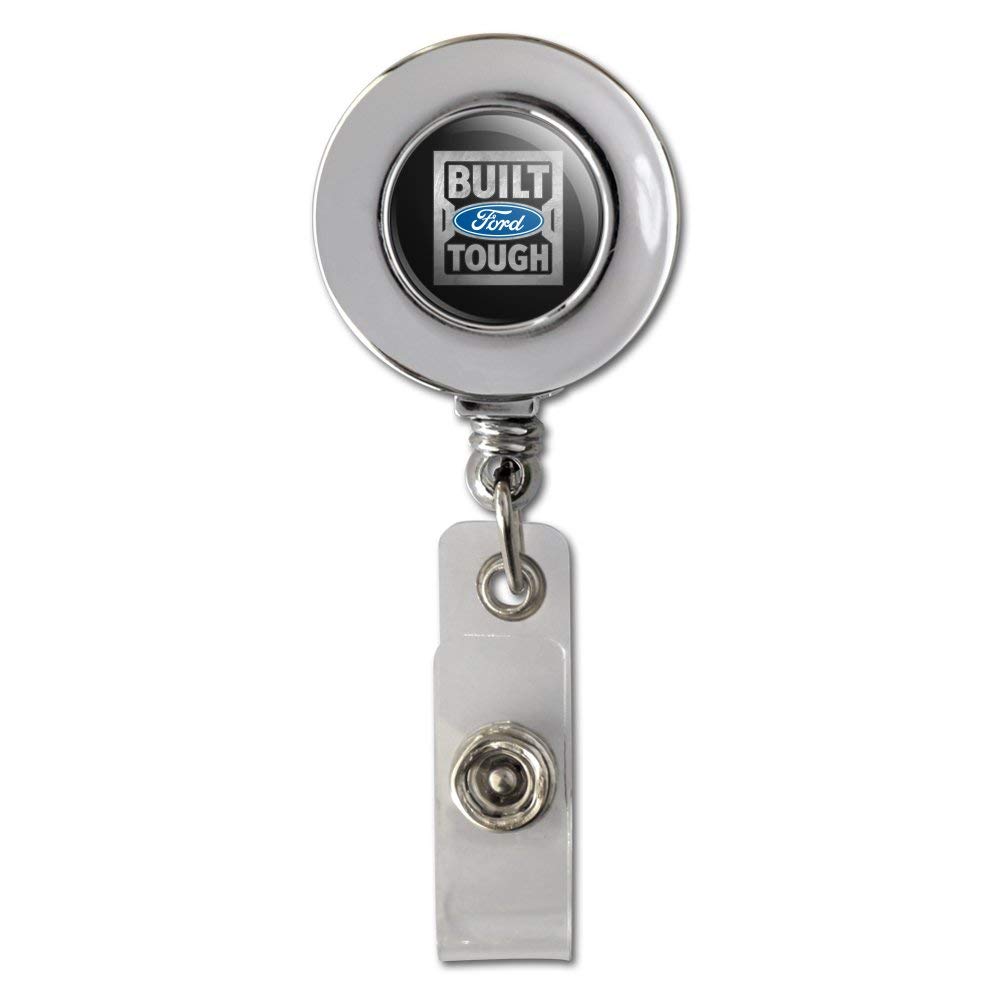 Ford Built Ford Tough Retractable Reel Chrome Badge ID Card Holder Clip - Heavy Duty Security Badge Holder for Work, Construction Sites & Office Use