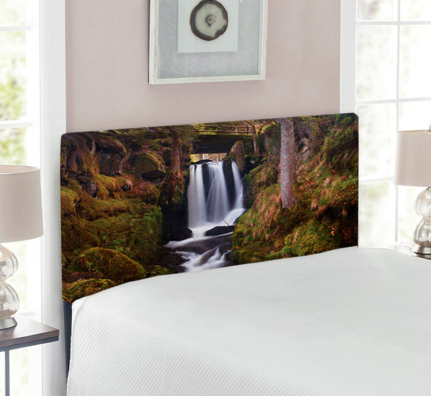 Ambesonne Waterfall Headboard - Upholstered Metal Bed Headboard with Memory Foam, Twin Size, Green Brown White - Nature Inspired Wooden Bridge Forest Theme - Perfect for Bedroom Decor and Cozy Home Staging