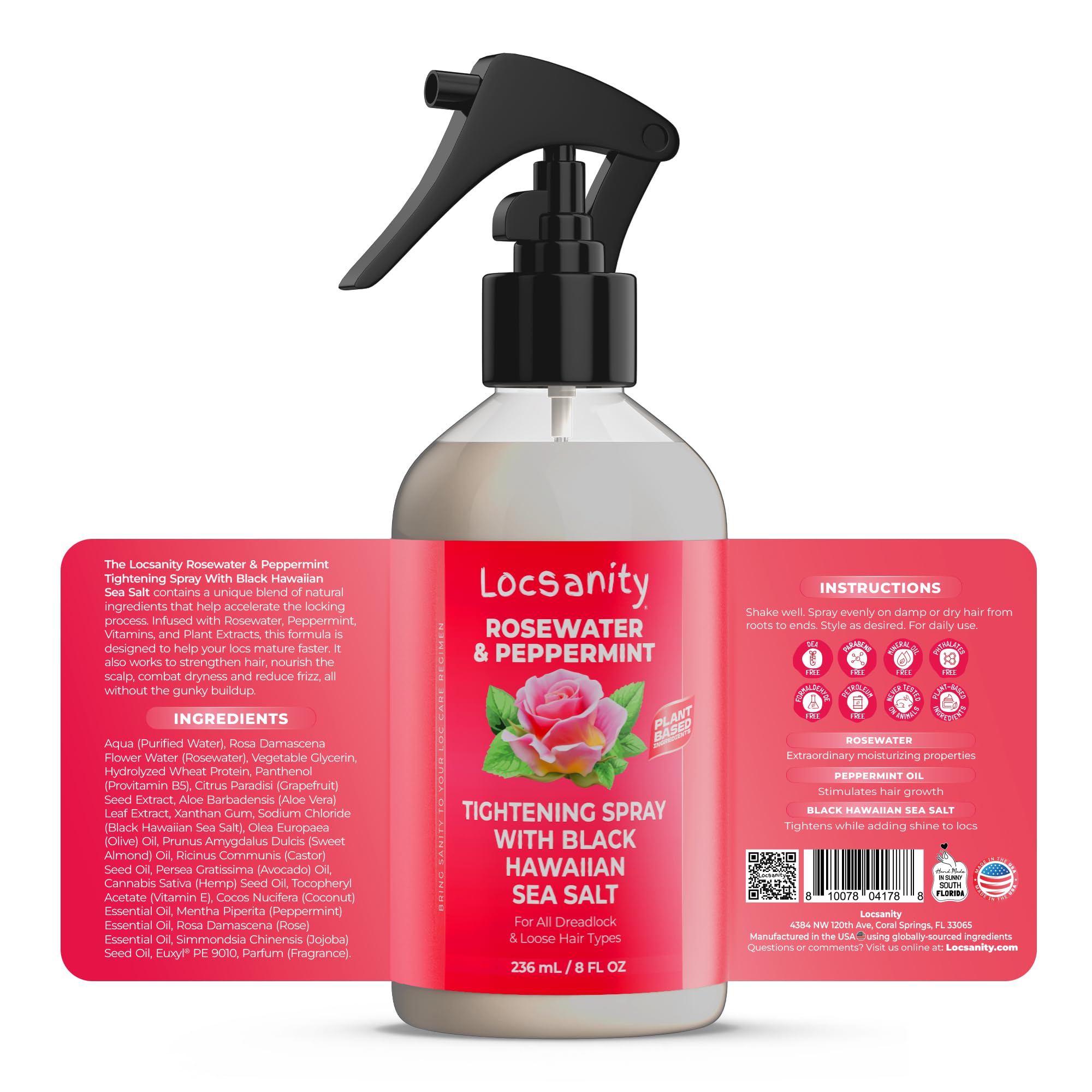 Locsanity Rosewater & Peppermint Moisturizing Spray with Black Hawaiian Sea Salt - Hydrating & Tightening Solution for Dreadlocks & Locs - Perfect for Daily Hair Care & Styling
