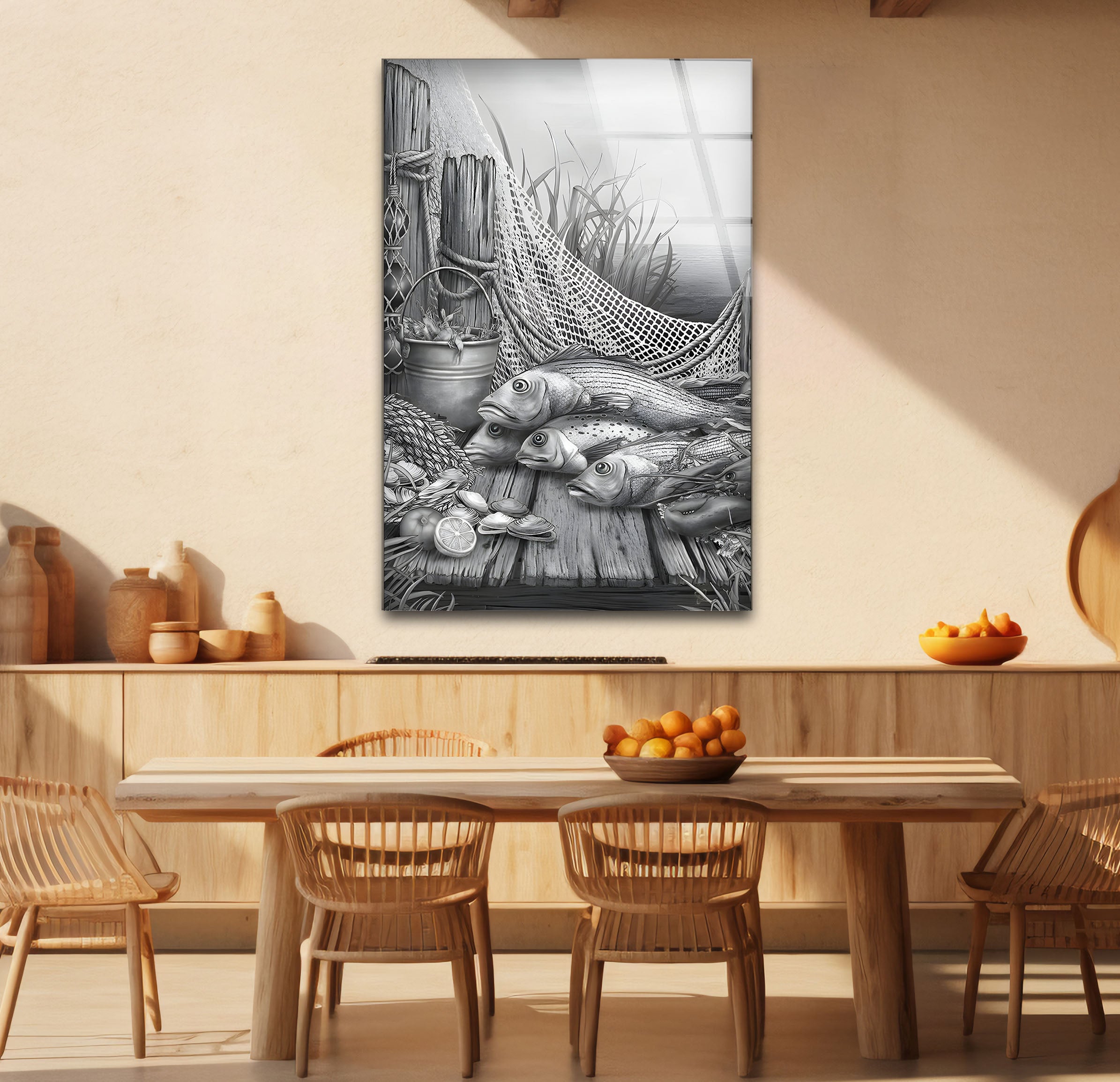 Black and White Fish Art Glass Wall Decor - Elegant Ocean-Themed Mural for Living Room, Bedroom & Office
