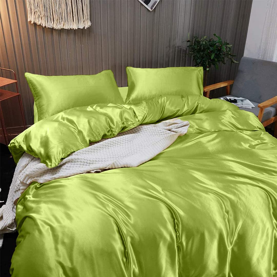 Luxury 7-Piece Silk Satin Bed Sheet Set - Full Size Cooling & Breathable Sheets with Deep Pockets - Wrinkle-Free Hotel Quality Duvet Cover - Sage Green Bedding for Ultimate Comfort - Perfect for Hot Sleepers & Luxury Bedroom Decor