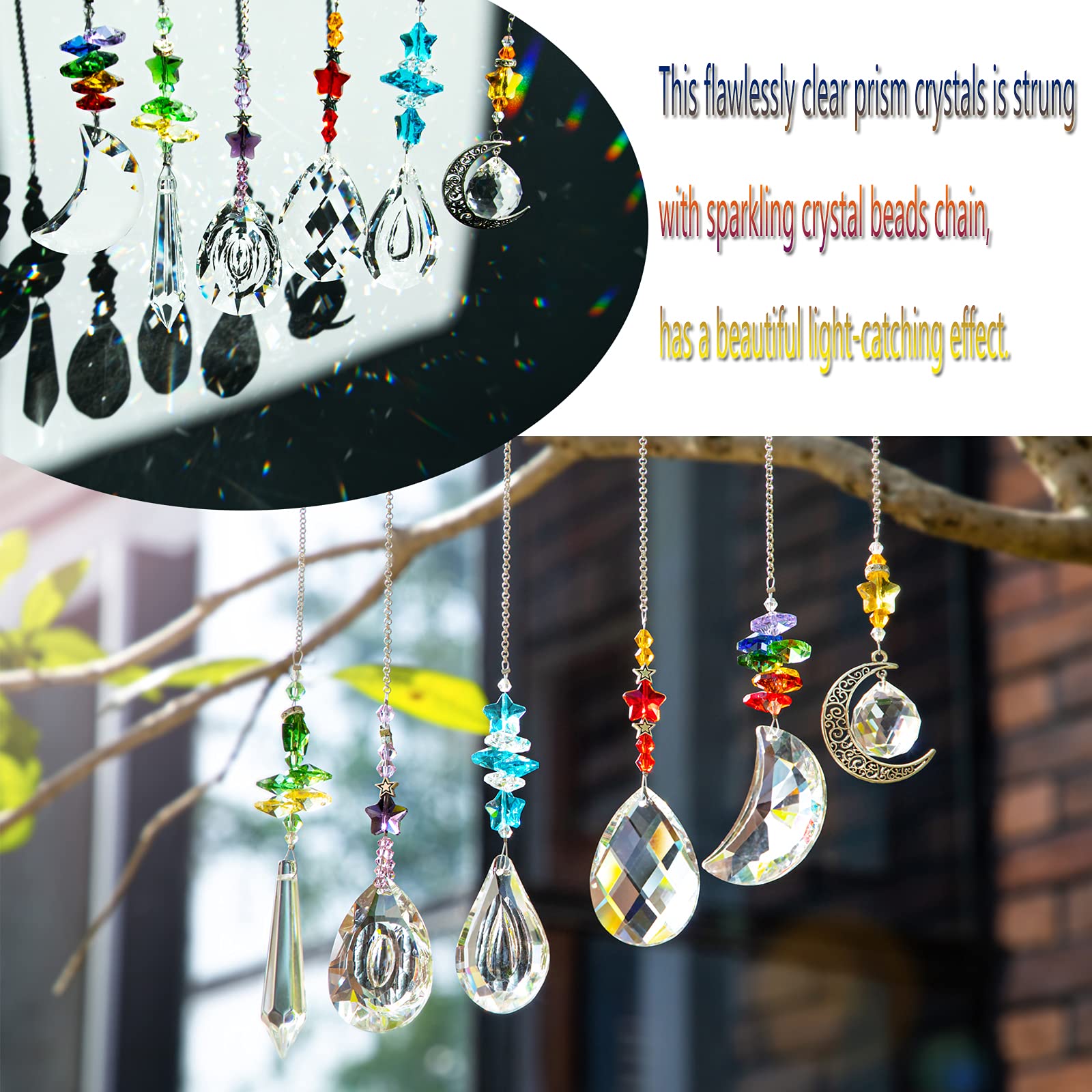 6PCS Crystal Suncatchers Prism Hanging Ornaments for Windows - Rainbow Maker Crystal Pendant Chandelier for Home, Garden & Outdoor Decor - Create Stunning Rainbow Light Effects in Living Room, Bedroom or Patio
