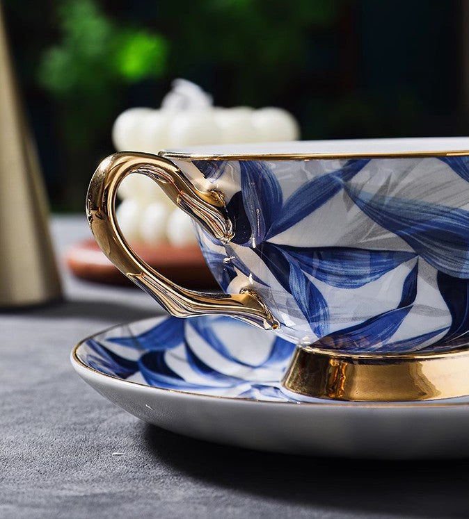 Elegant Blue Bone China Porcelain Tea Cup Set - British Ceramic Coffee Cups with Saucer in Gift Box - Perfect for Afternoon Tea, Bridal Shower & Home Decor