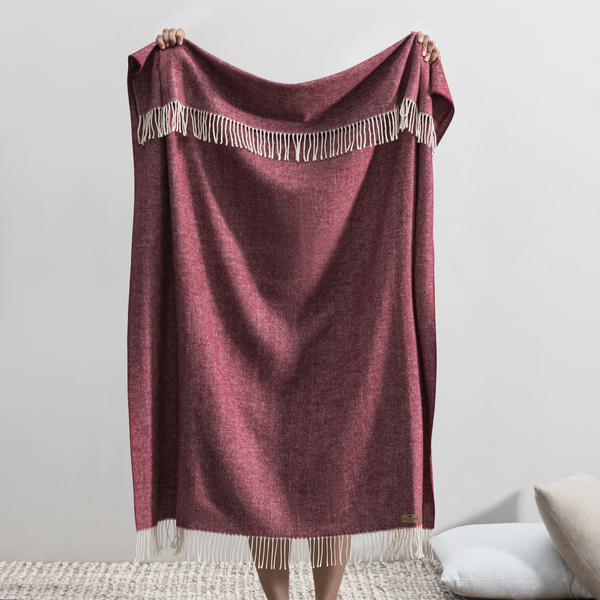 Italian Herringbone Fringe Cranberry Throw Blanket - Soft Cozy Knit Blanket for Couch, Bed & Sofa - Perfect for Winter, Home Decor & Gift Giving